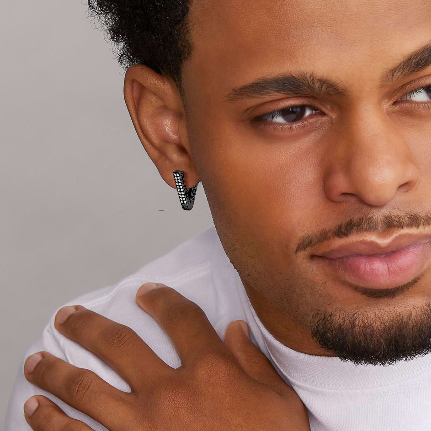 Rune Engraved Triangle Diamond Hoop Earrings black - model effect