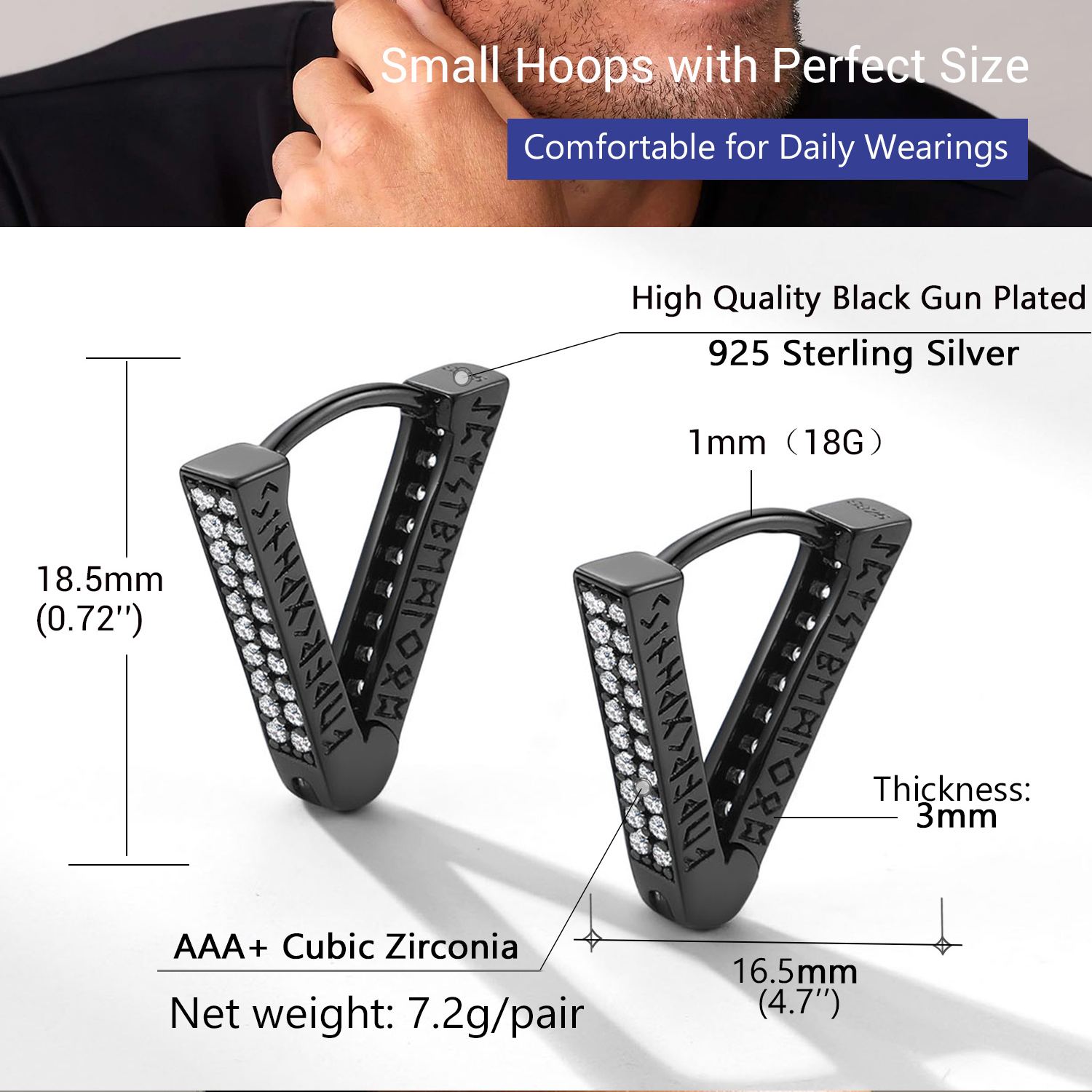 Rune Engraved Triangle Diamond Hoop Earrings black - product size