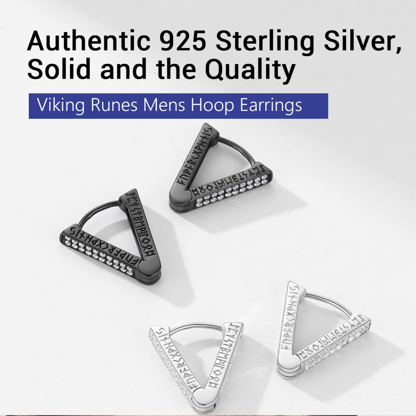 Rune Engraved Triangle Diamond Hoop Earrings black and silver collection