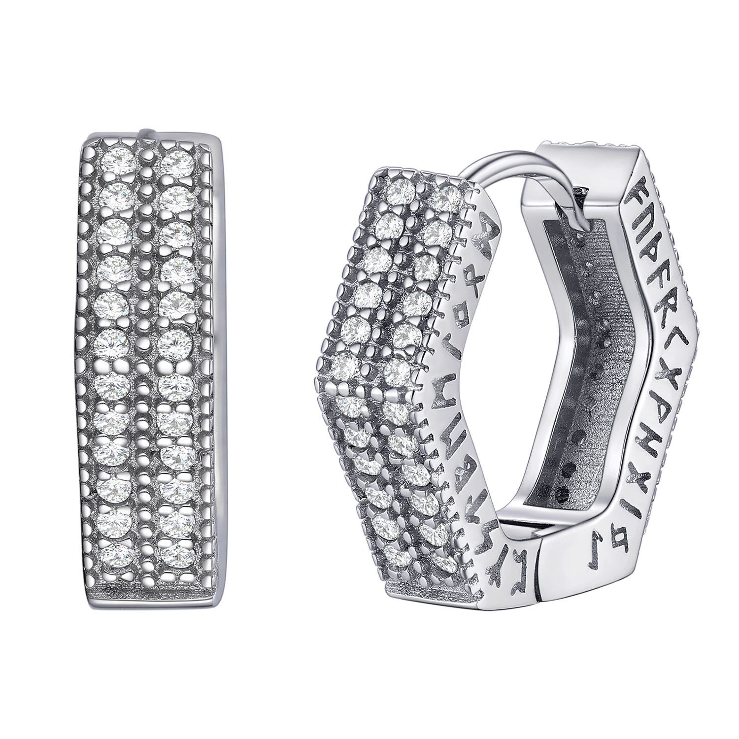 Rune Engraved Hexagon Diamond Hoop Earrings silver - main image