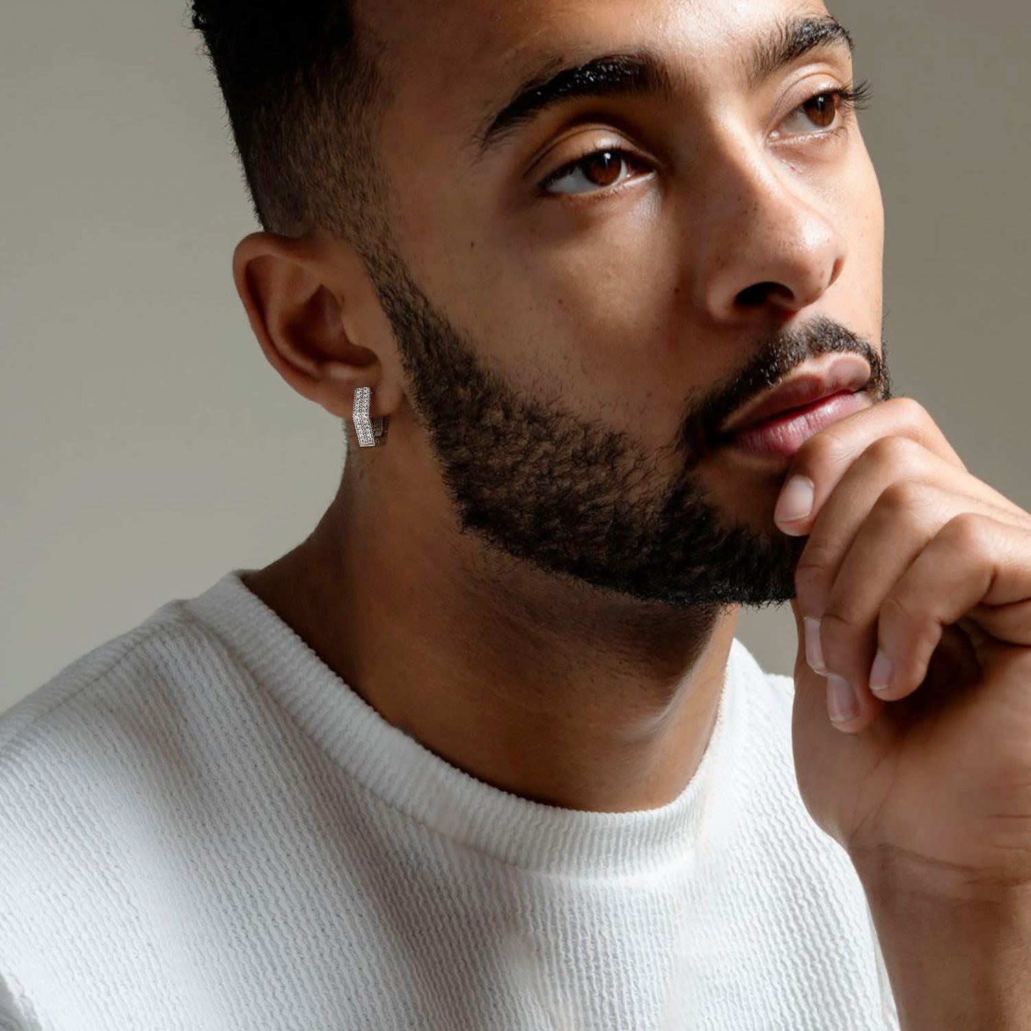 Rune Engraved Hexagon Diamond Hoop Earrings silver - wearing effect (2)