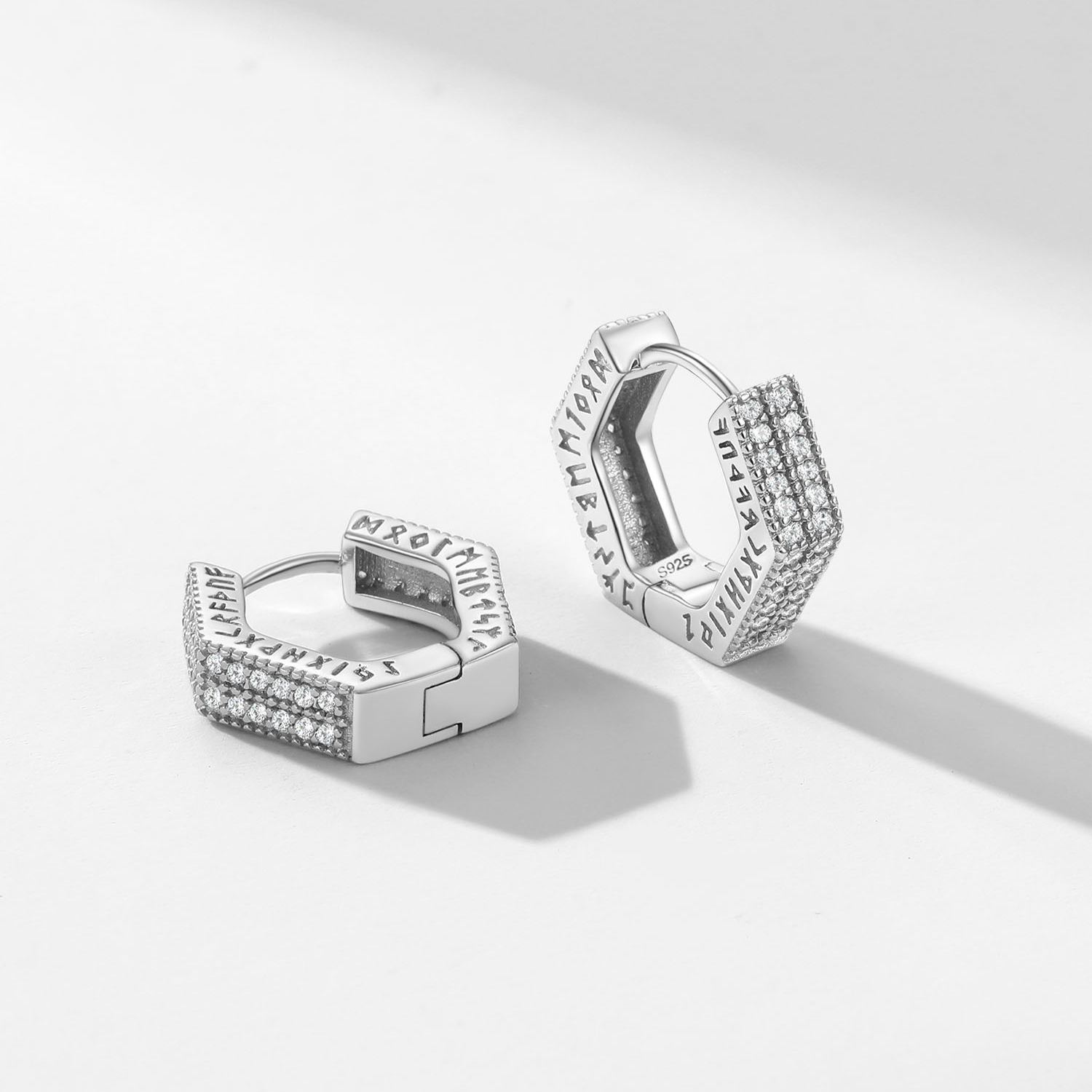Rune Engraved Hexagon Diamond Hoop Earrings silver - product detail(3)