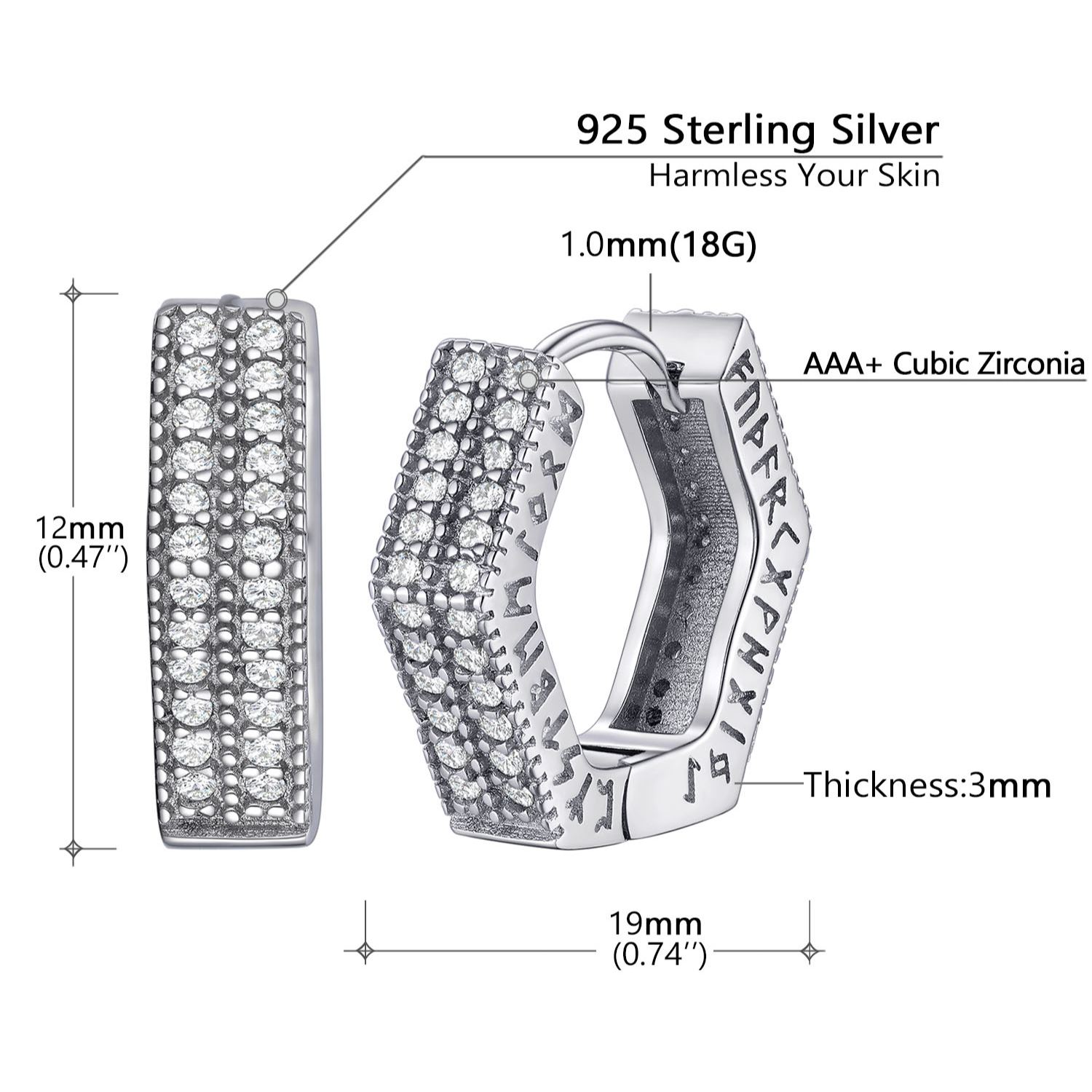 Rune Engraved Hexagon Diamond Hoop Earrings silver - product size