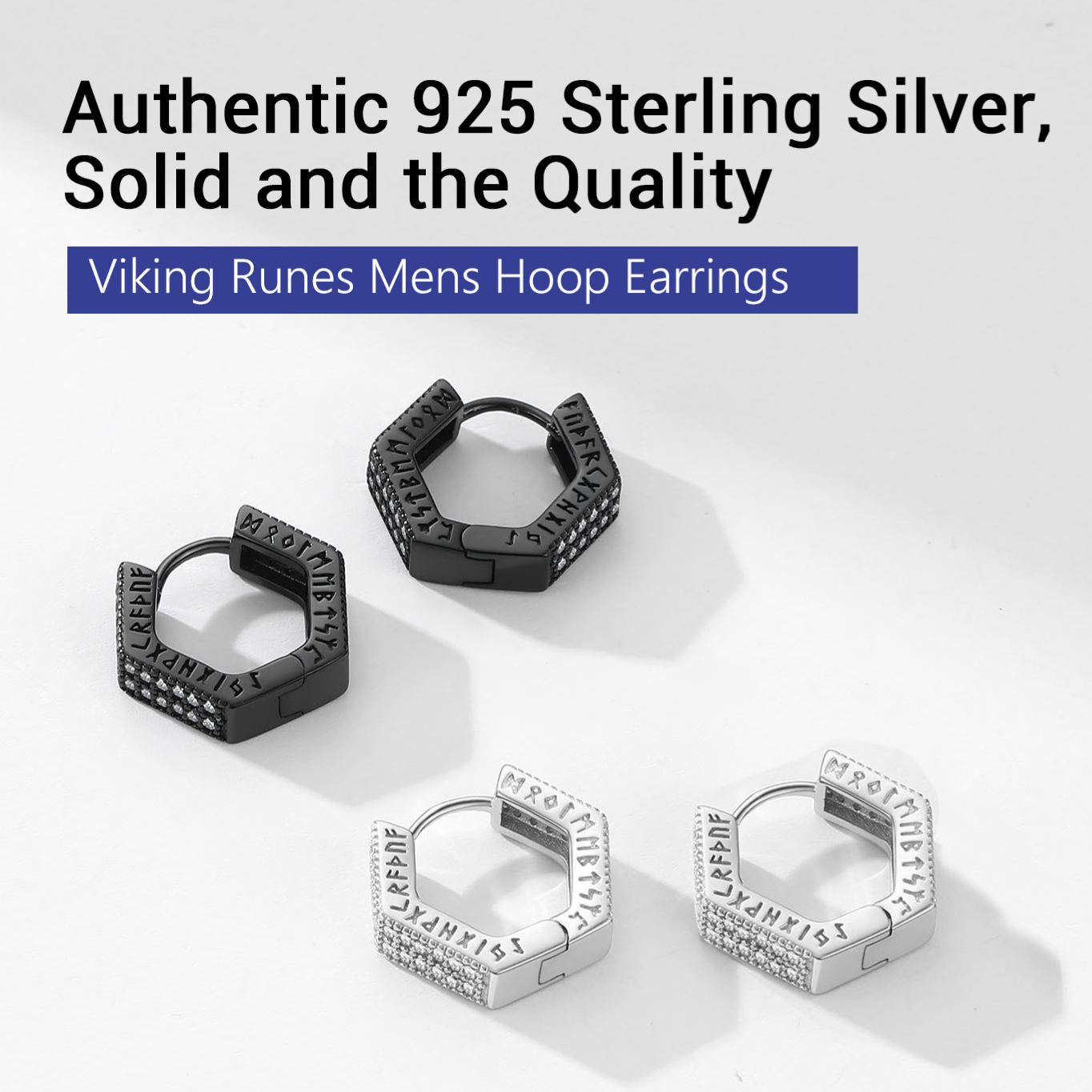 Rune Engraved Hexagon Diamond Hoop Earrings silver and black collection