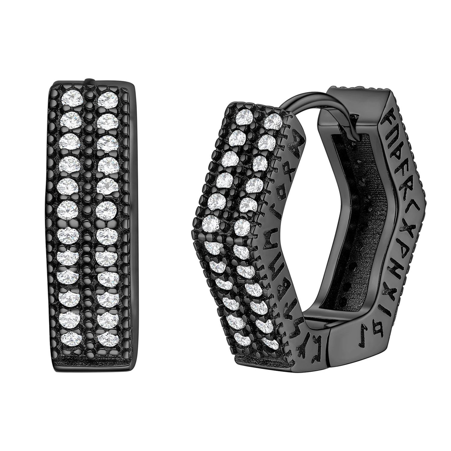 Rune Engraved Hexagon Diamond Hoop Earrings black - main image