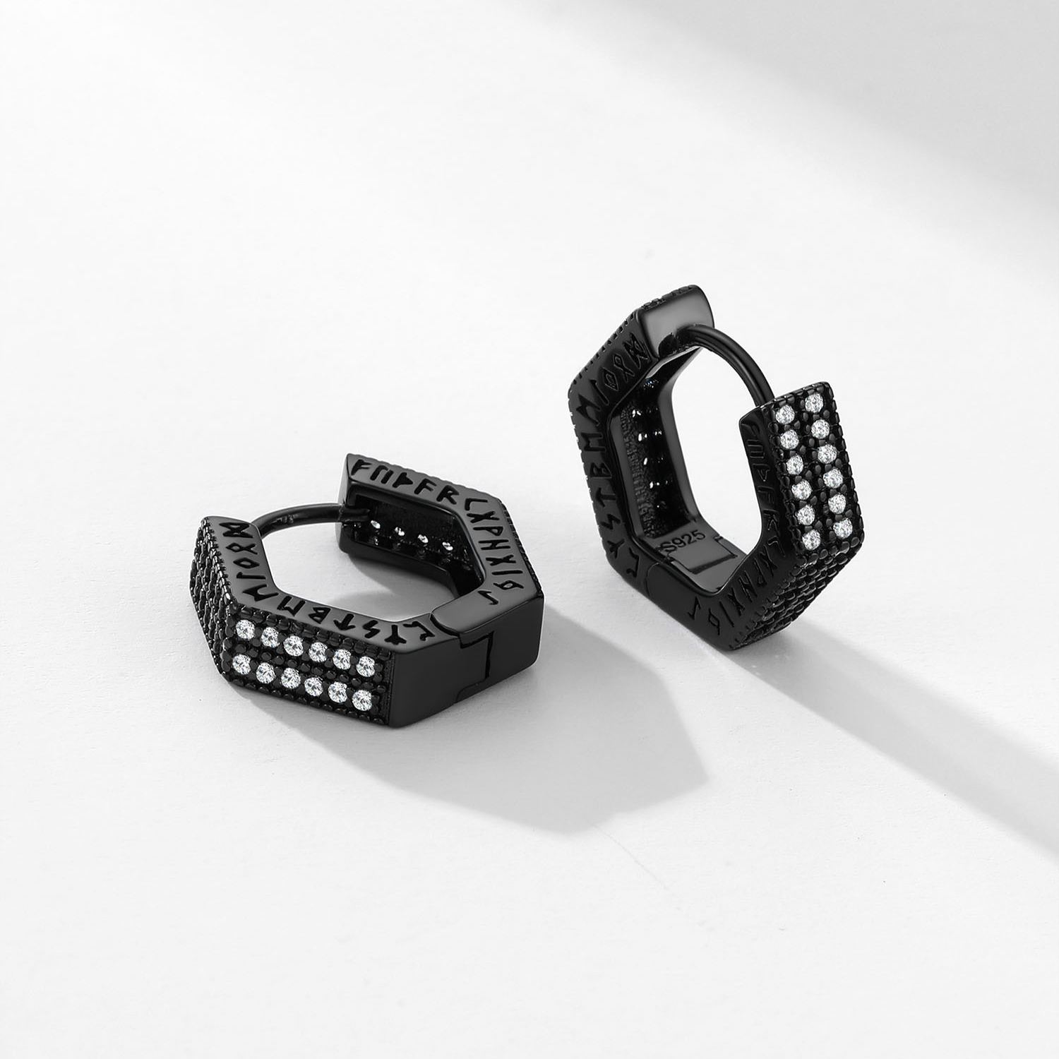 Rune Engraved Hexagon Diamond Hoop Earrings black - product detail(2)