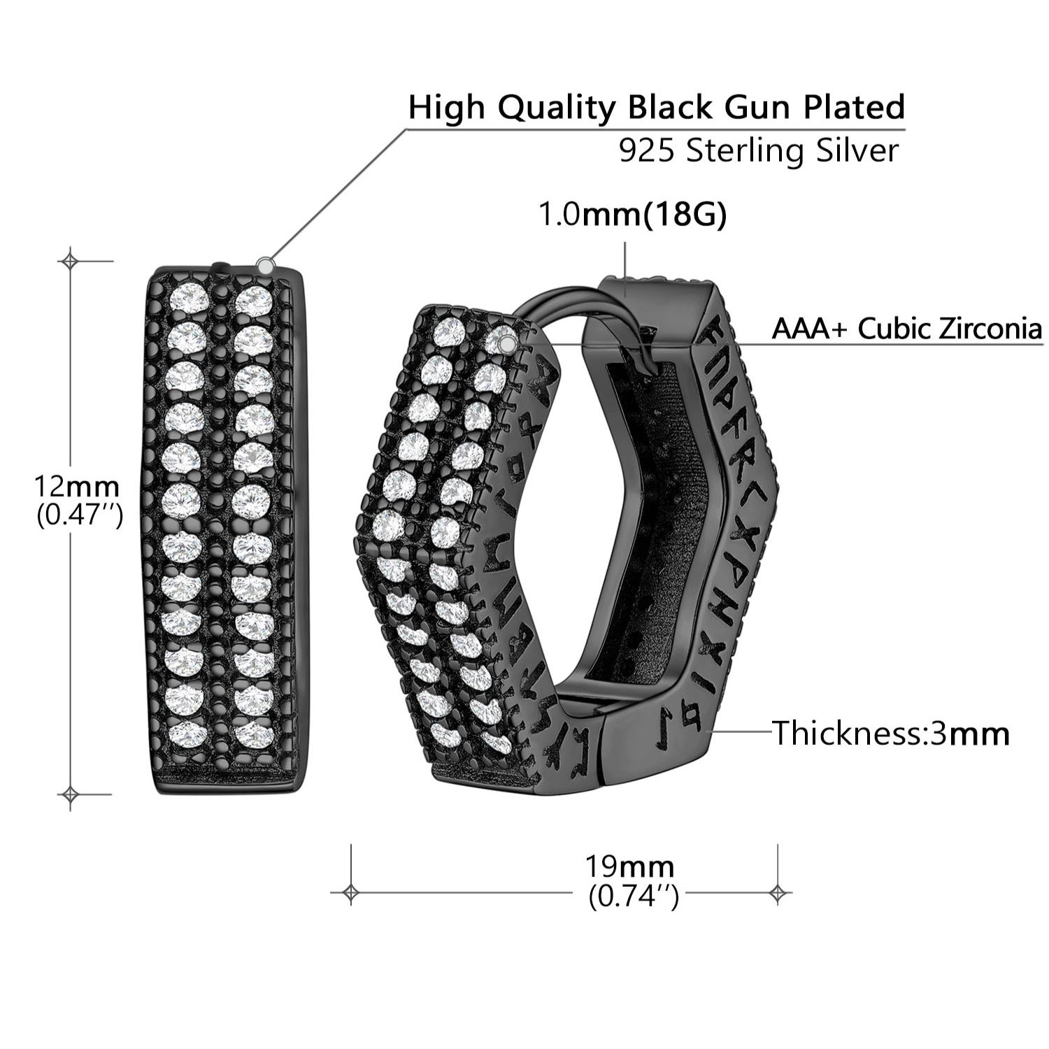 Rune Engraved Hexagon Diamond Hoop Earrings black - product size