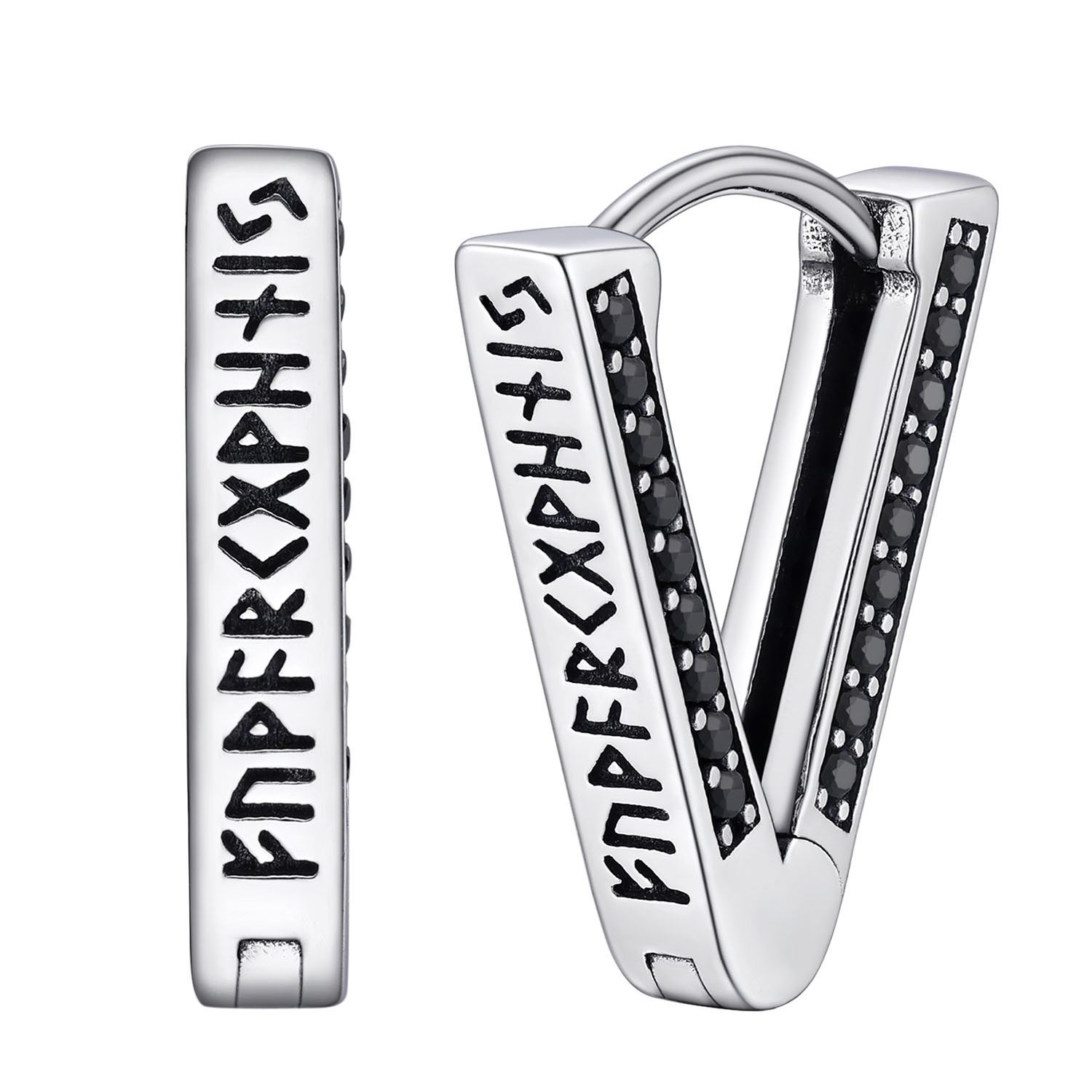 Triangle Hoop Earrings With Black CZ Rune Engravings Silver - main image