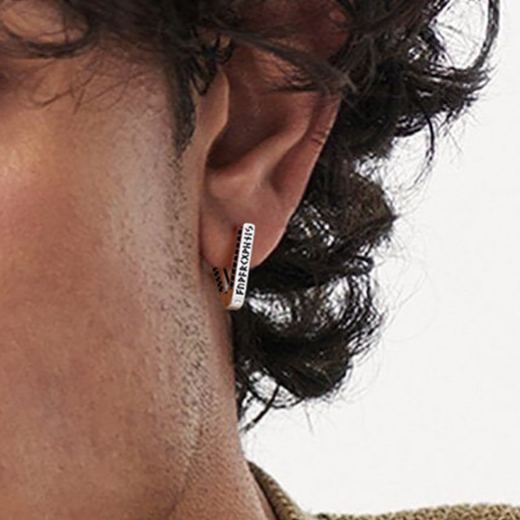 Triangle Hoop Earrings With Black CZ Rune Engravings Silver - wearing effect