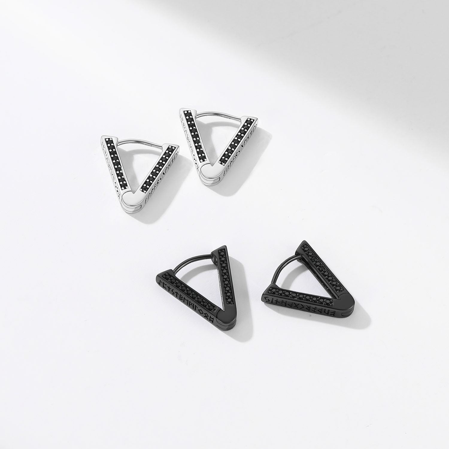 Triangle Hoop Earrings With Black CZ Rune Engravings Black And White Collection