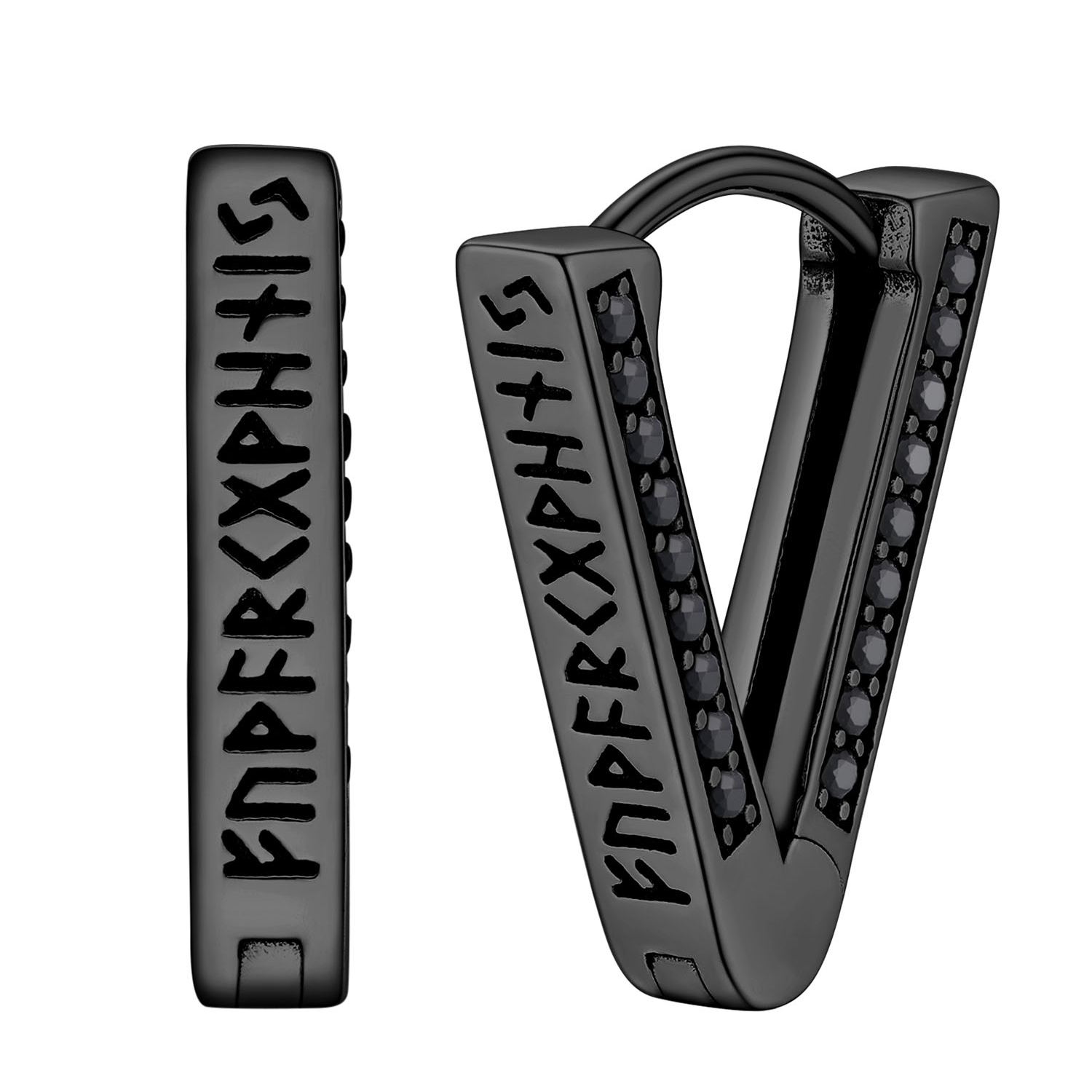 Triangle Hoop Earrings With Black CZ Rune Engravings Black - main image