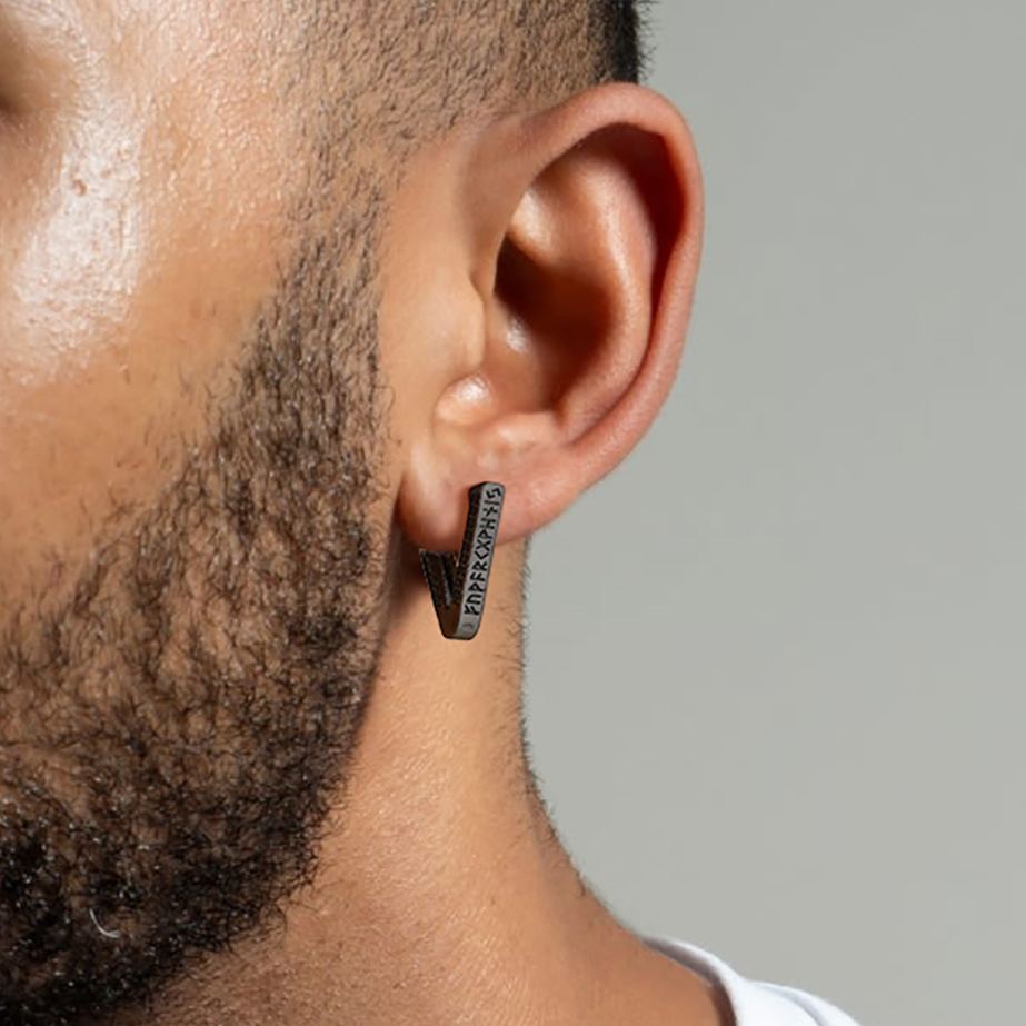 Triangle Hoop Earrings With Black CZ Rune Engravings Black - model effect(1)