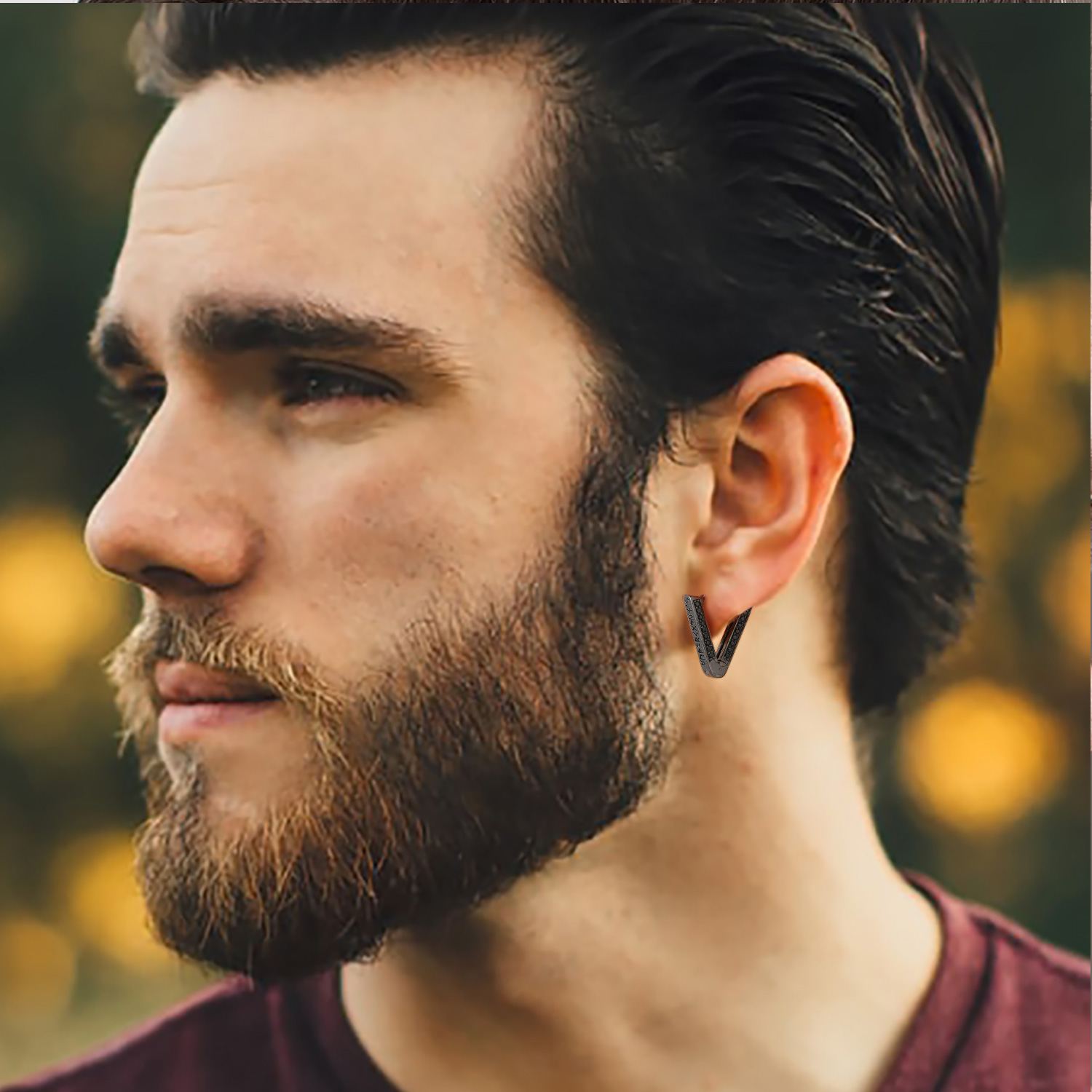 Triangle Hoop Earrings With Black CZ Rune Engravings Black - model effect