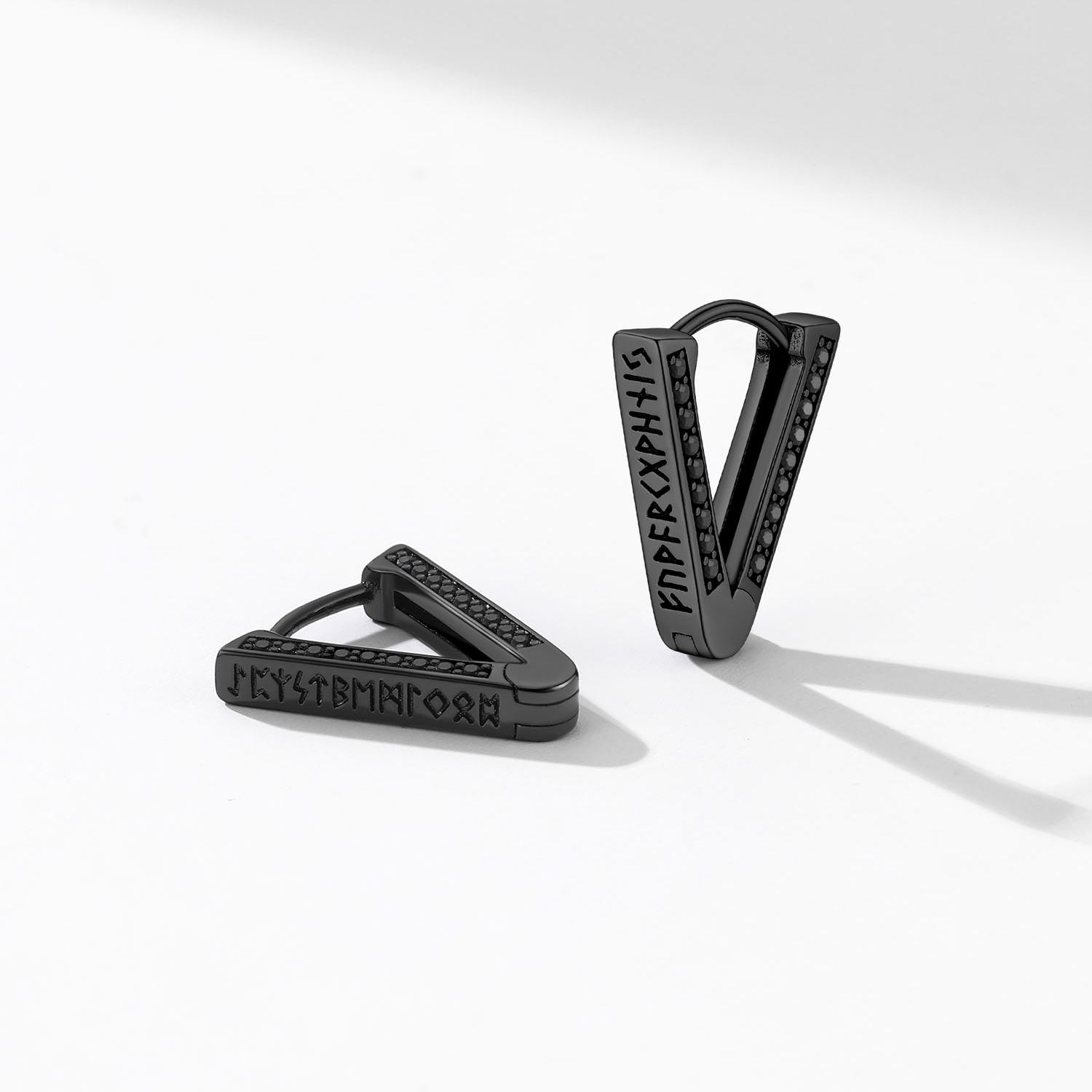 Triangle Hoop Earrings With Black CZ Rune Engravings Black - main image