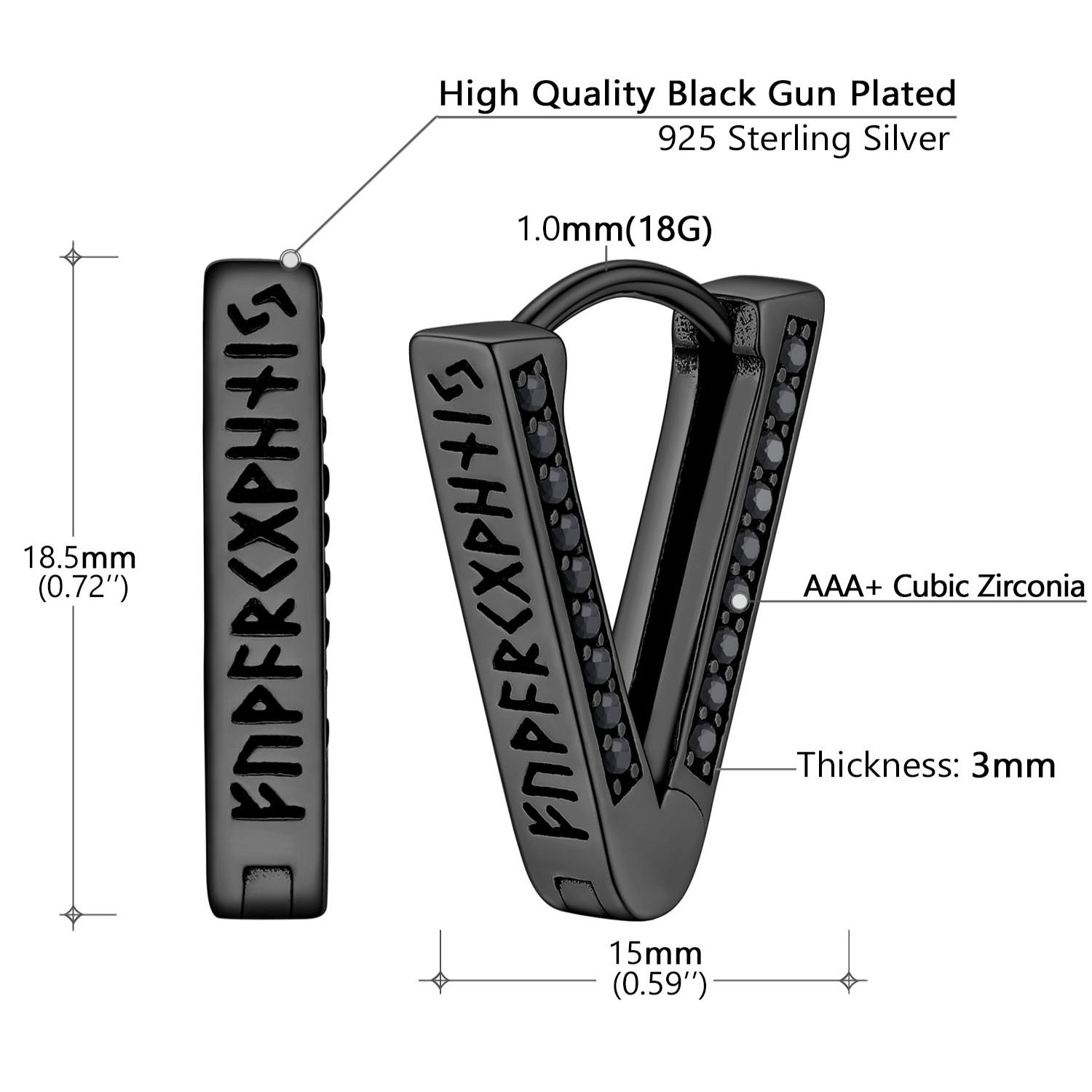 Triangle Hoop Earrings With Black CZ Rune Engravings Black - product size