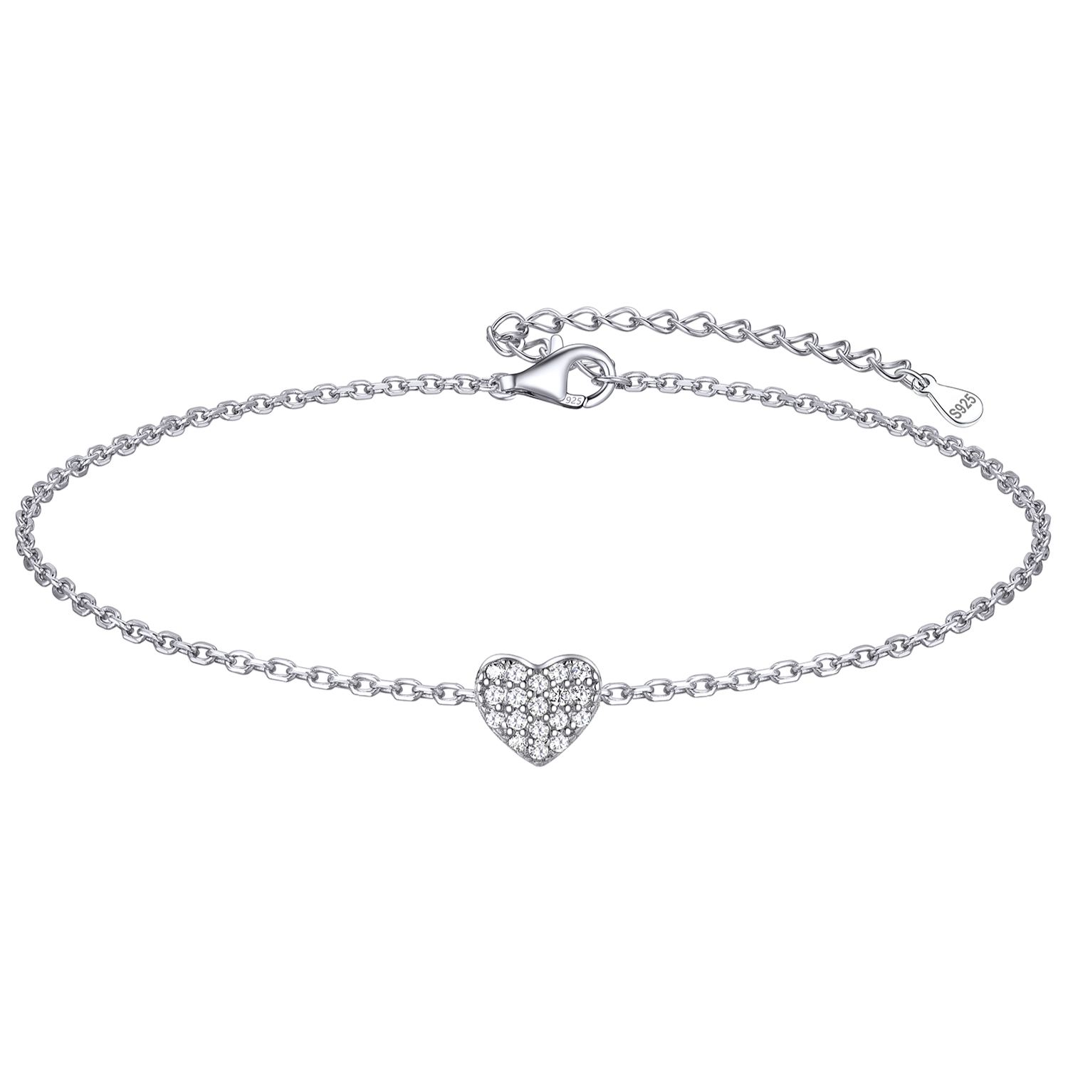 Sterling Silver Cubic Zirconia Heart Anklet - 7mm  Pendant