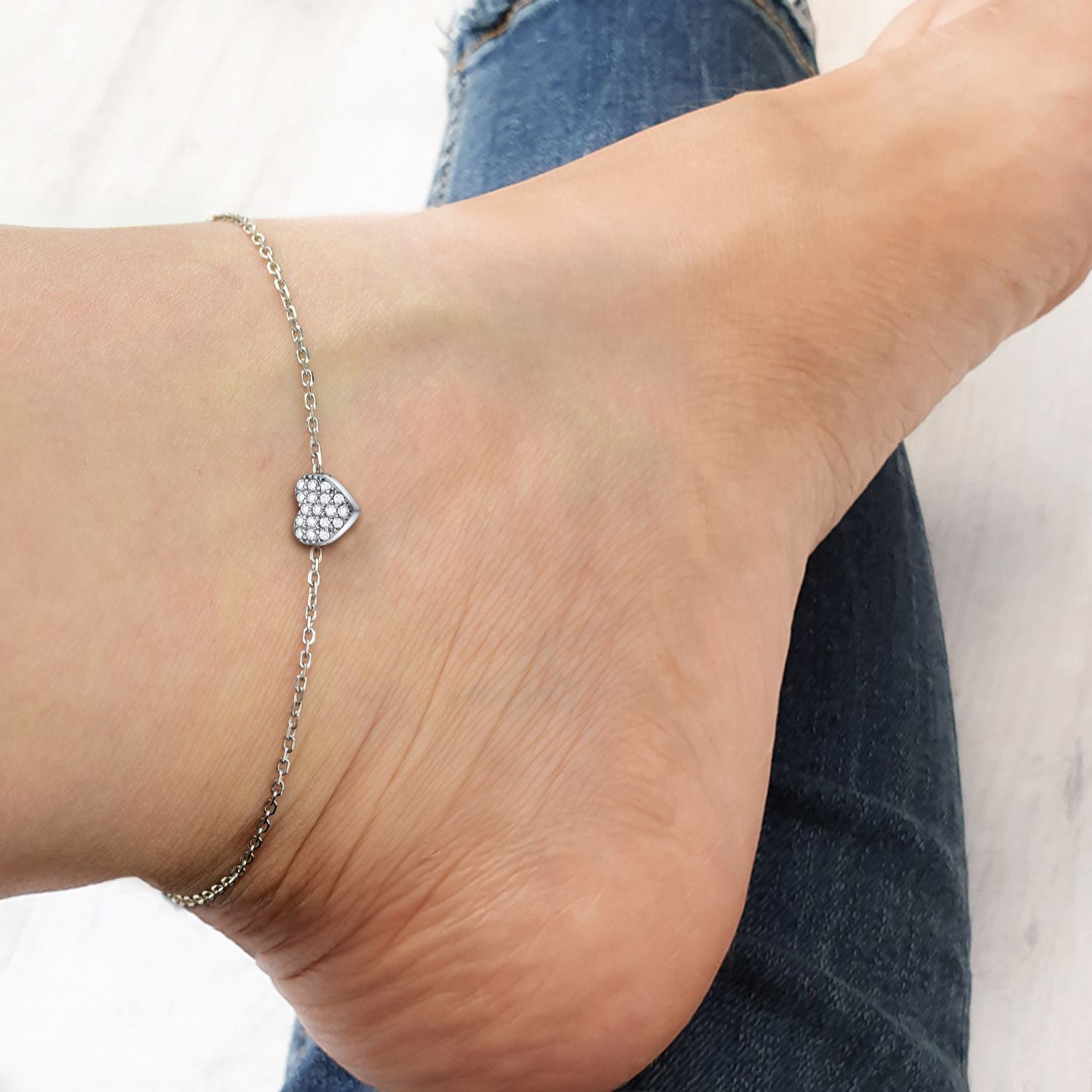 Sterling Silver Cubic Zirconia Heart Anklet - 7mm  Pendant
