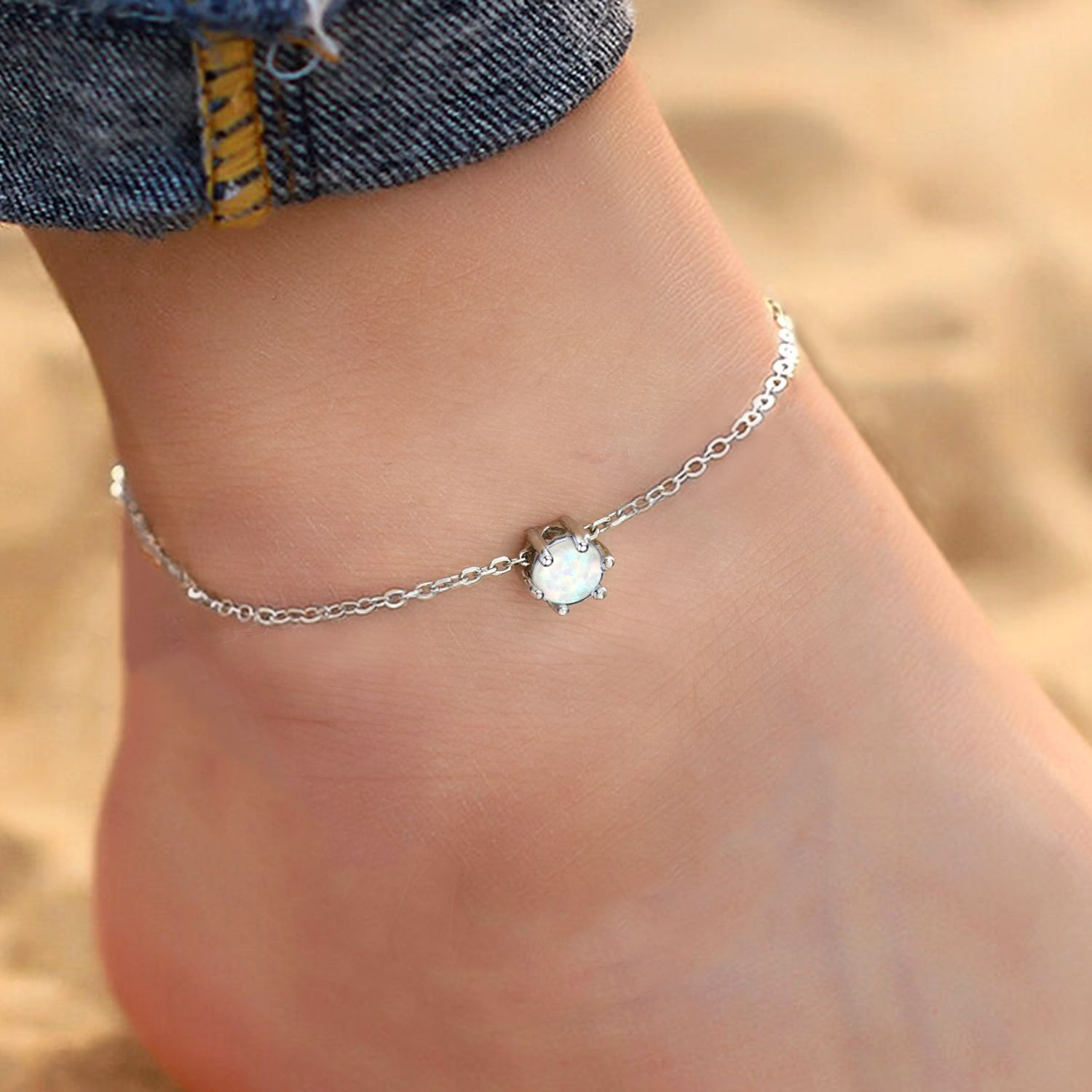 Sterling Silver 6mm Opal Anklet for Women