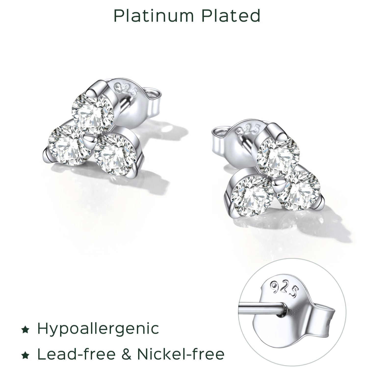 Sterling Silver 4mm Three Stones Stud Earrings