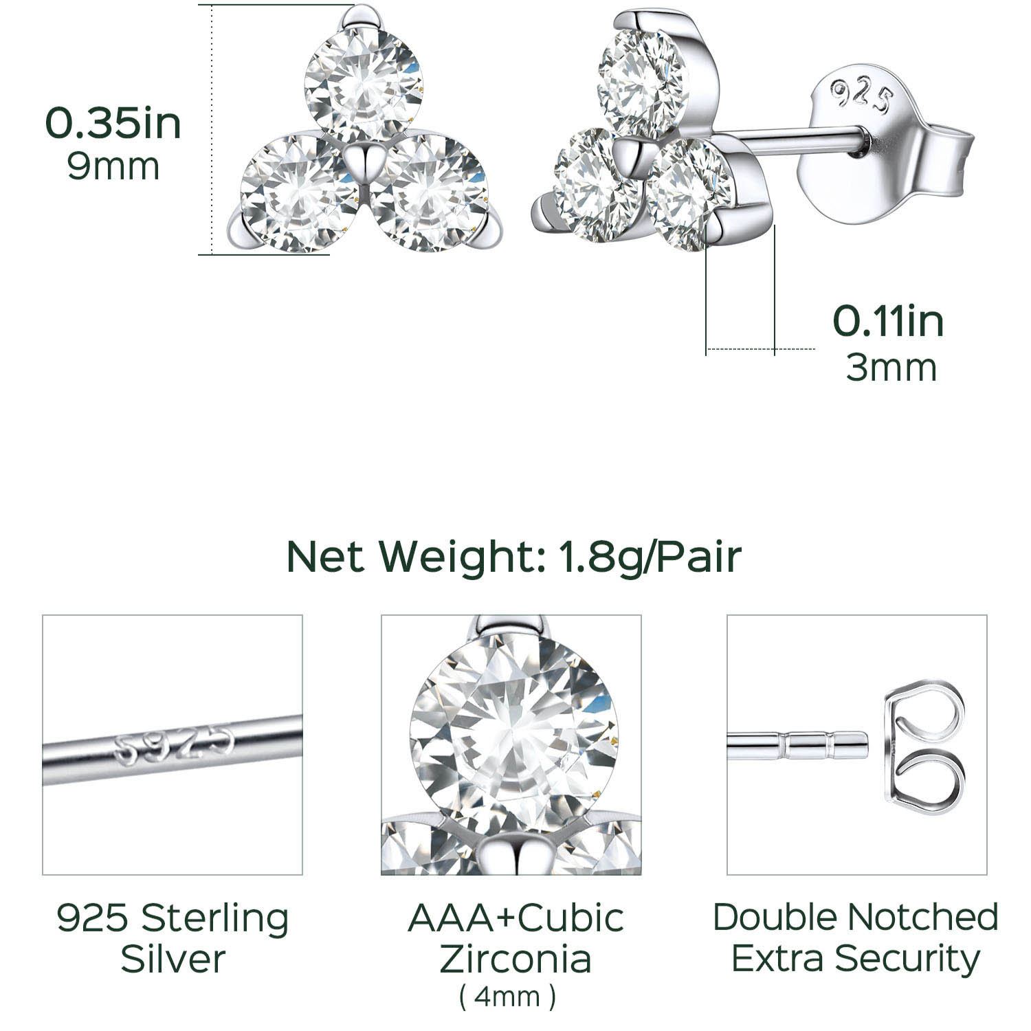 Sterling Silver 4mm Three Stones Stud Earrings