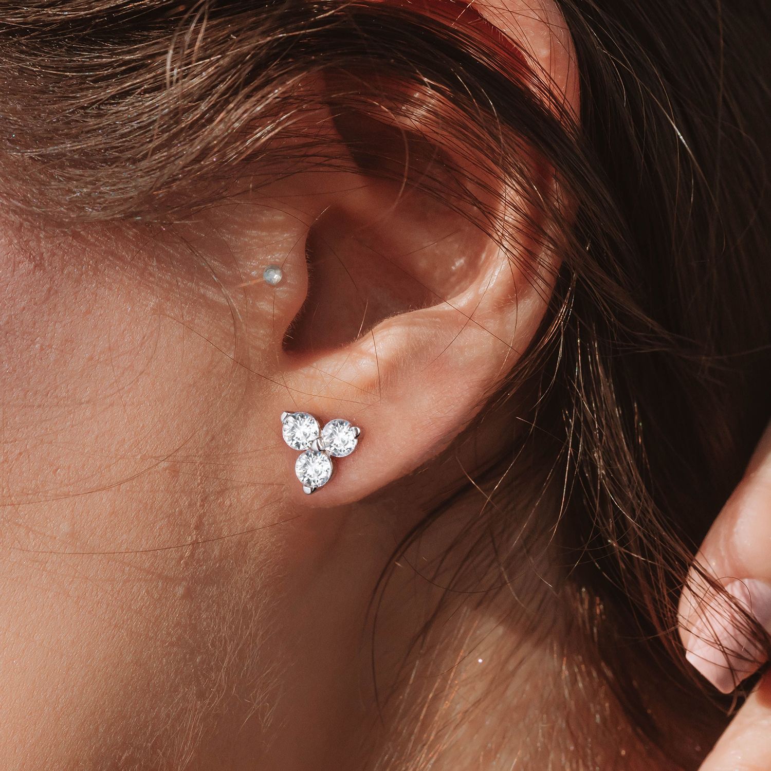 Sterling Silver 4mm Three Stones Stud Earrings