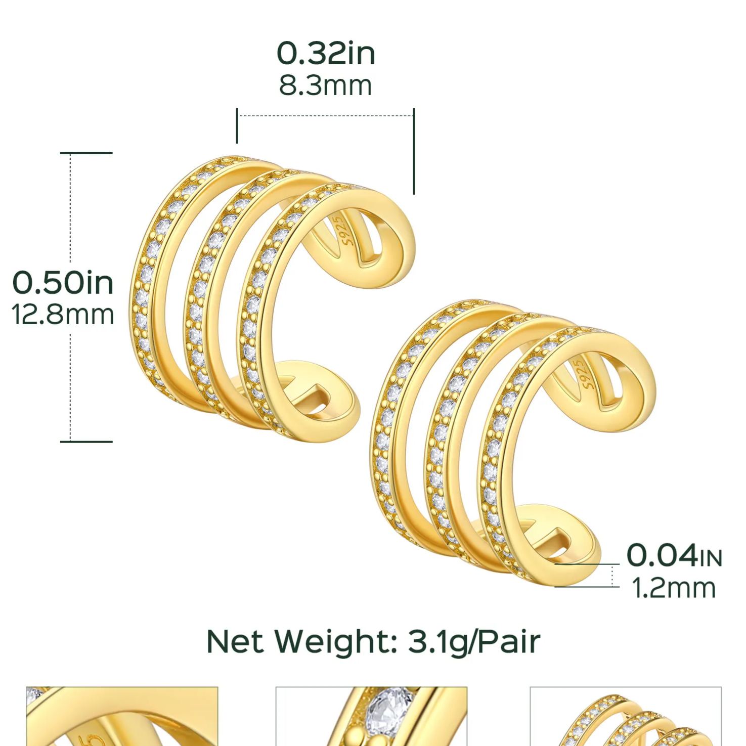 Sterling silver Three-Layer Earrings Clips for Her