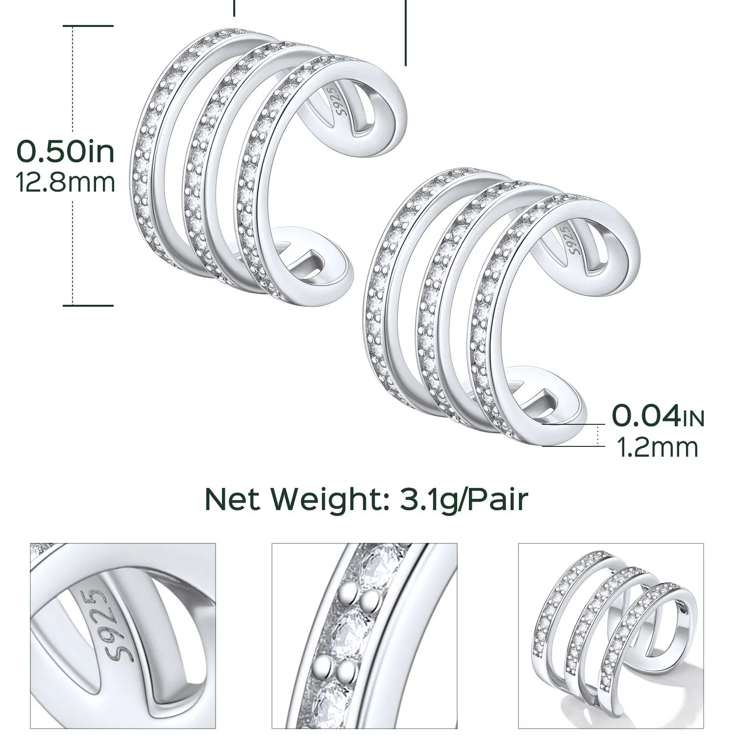 Sterling silver Three-Layer Earrings Clips for Her