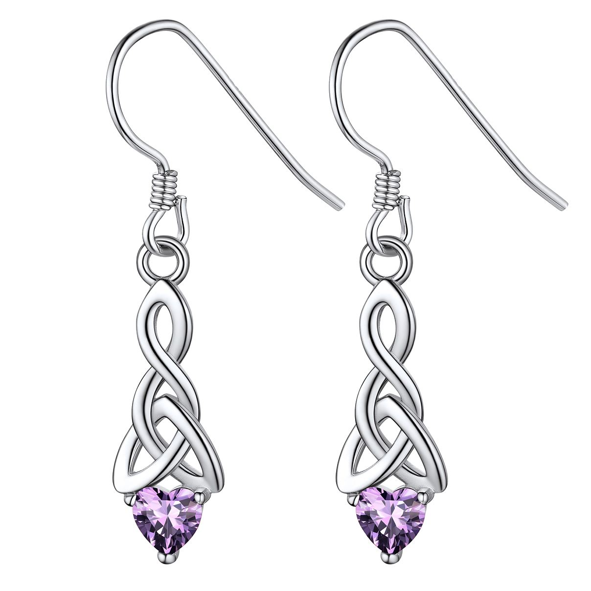 12 Months Sparkling Heart Birthstone & Celtic Knot Drop Dangle Hook Earrings, February birthstone, Amethyst Jewelry, Pisces Birthstone, Aquarius Birthstone, sterling silver jewelry, gift idea