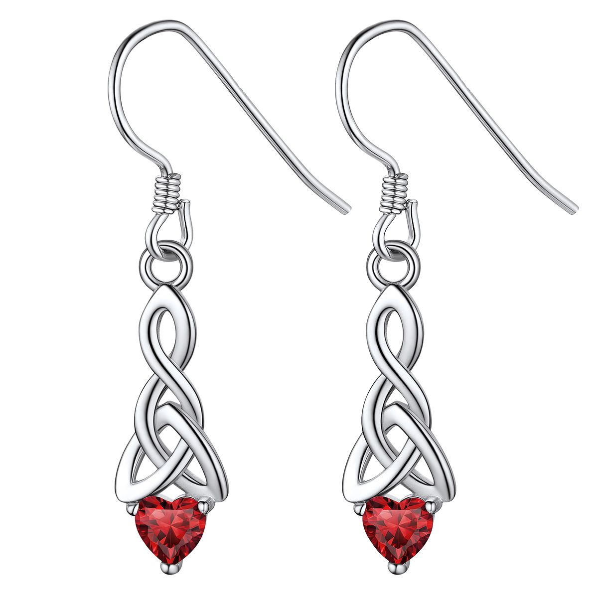 12 Months Sparkling Heart Birthstone & Celtic Knot Drop Dangle Hook Earrings