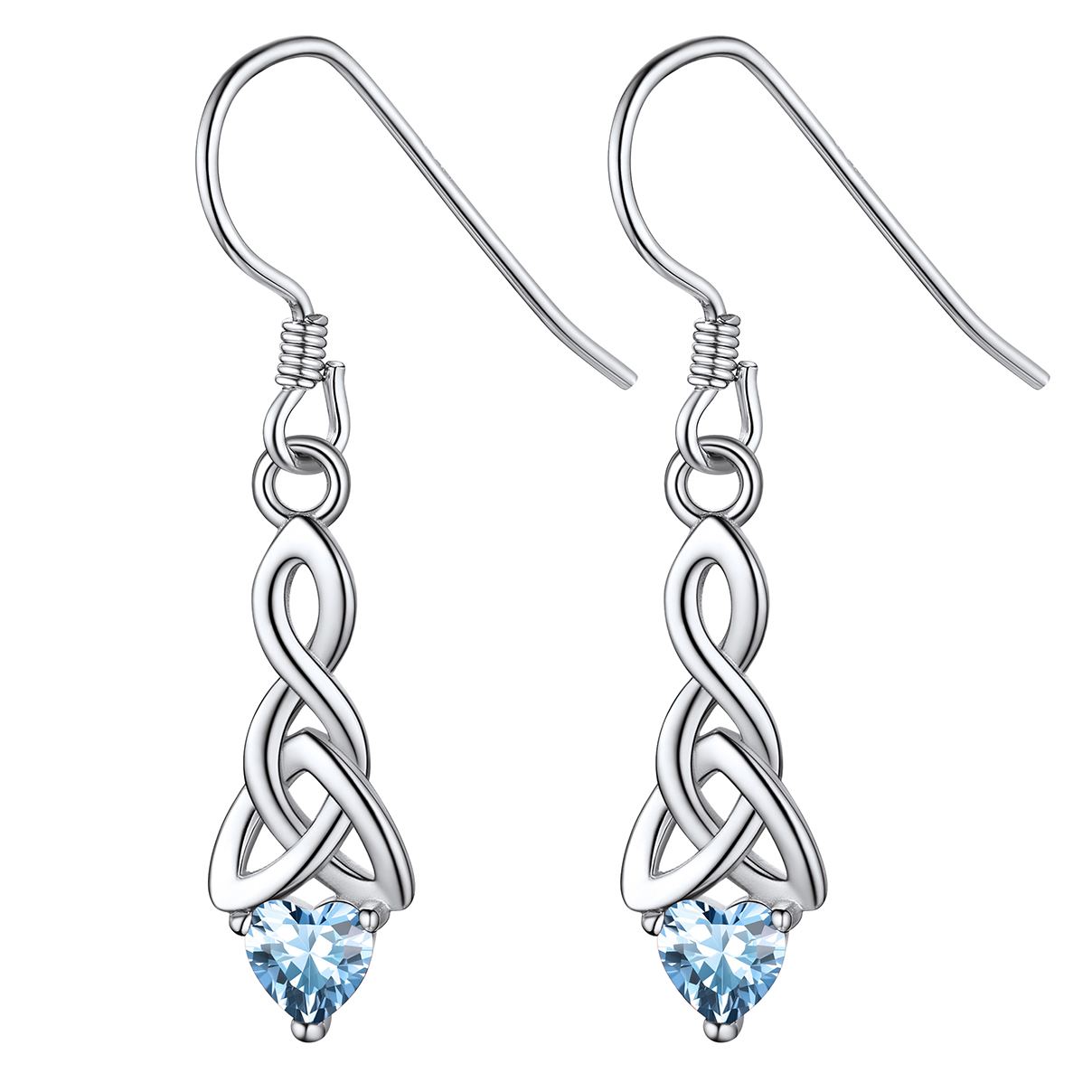 12 Months Sparkling Heart Birthstone & Celtic Knot Drop Dangle Hook Earrings, march birthstone, Aquamarine Pendant, Pisces Birthstone, Aries Birthstone, sterling silver jewelry, gift idea