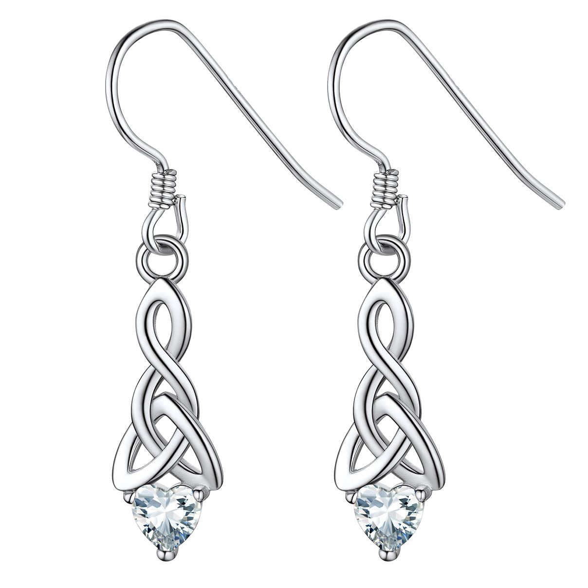 12 Months Sparkling Heart Birthstone & Celtic Knot Drop Dangle Hook Earrings, april birthstone, Diamond Jewelry, Aries Birthstone, Taurus Birthstone, sterling silver jewelry, gift idea