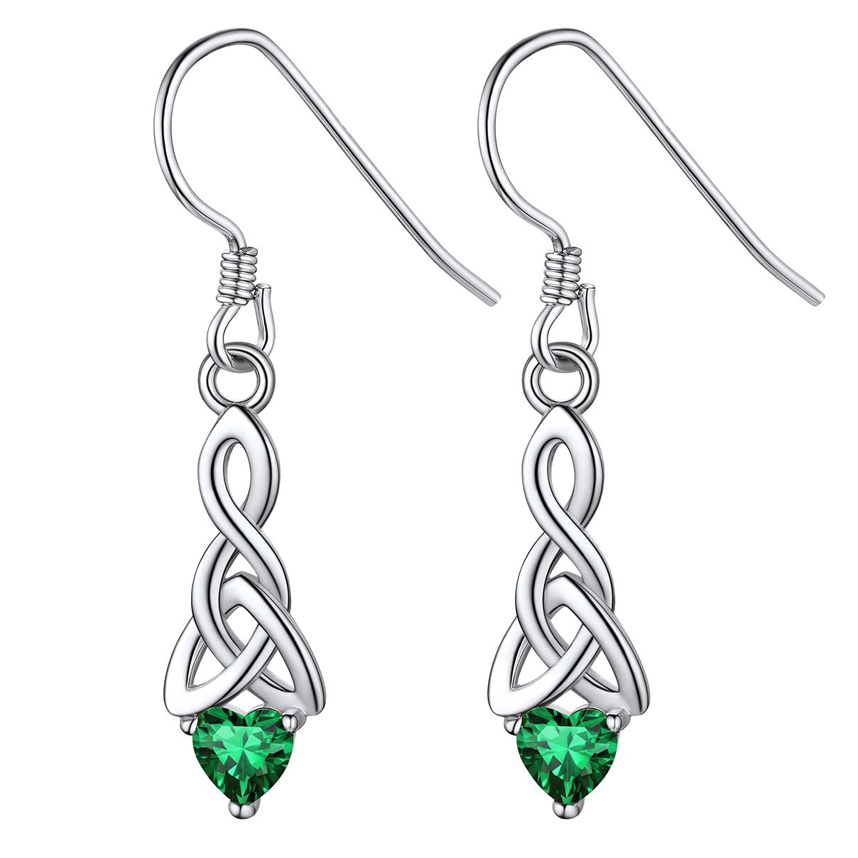 12 Months Sparkling Heart Birthstone & Celtic Knot Drop Dangle Hook Earrings, may birthstone, Emerald Necklace, Taurus Birthstone, Gemini Birthstone, sterling silver jewelry, gift idea