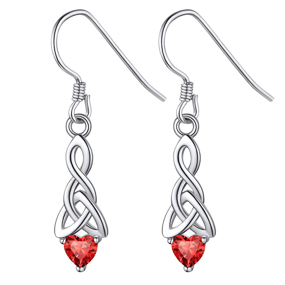 12 Months Sparkling Heart Birthstone & Celtic Knot Drop Dangle Hook Earrings, july birthstone, Ruby Pendant, Cancer Birthstone, Leo Birthstone,  sterling silver jewelry, gift idea