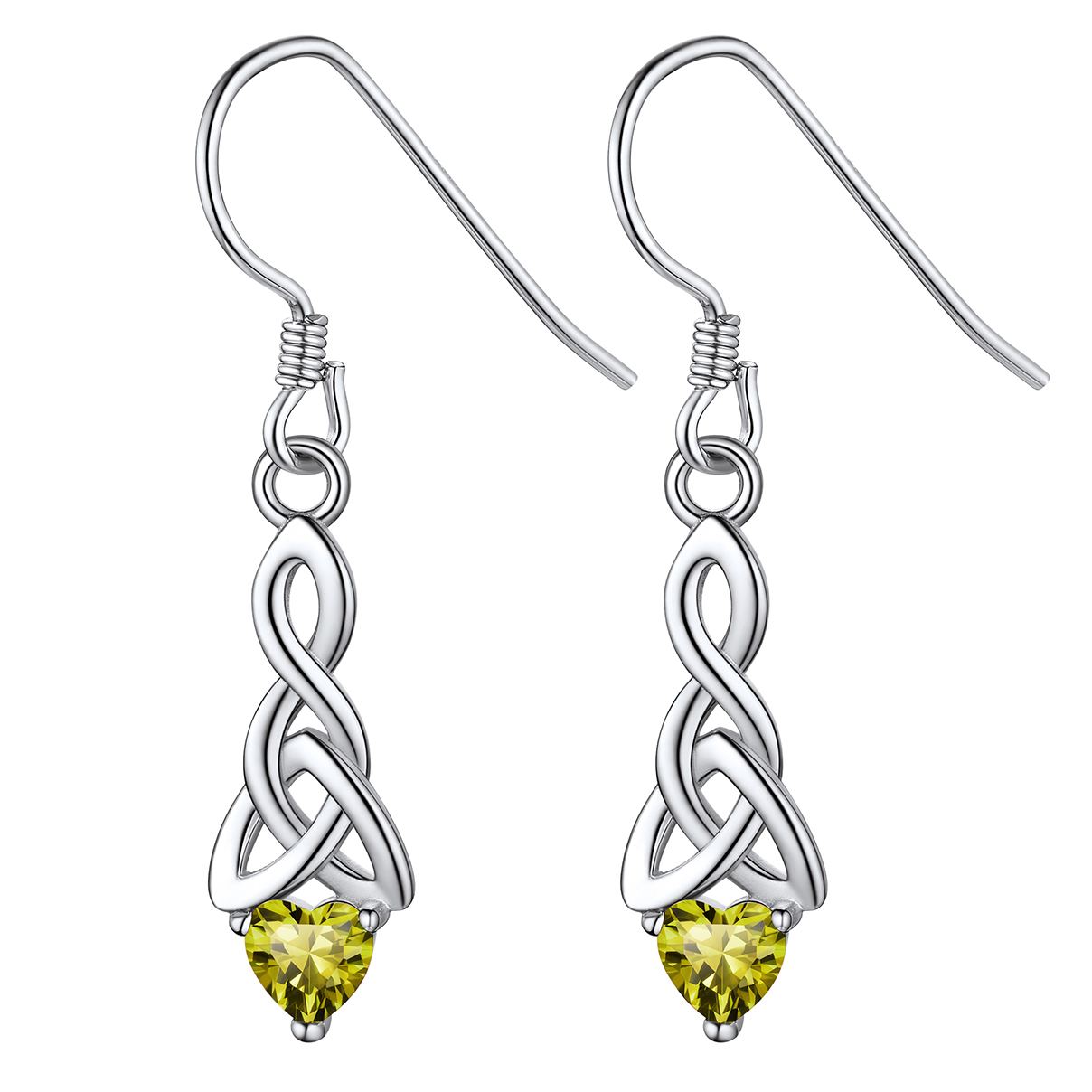 12 Months Sparkling Heart Birthstone & Celtic Knot Drop Dangle Hook Earrings, august birthstone, Peridot Necklace, Leo Birthstone, Virgo Birthstone,  sterling silver jewelry, gift idea