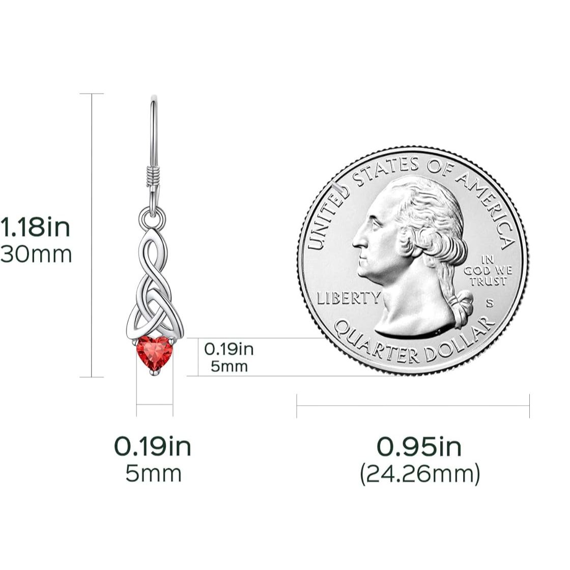 12 Months Sparkling Heart Birthstone & Celtic Knot Drop Dangle Hook Earrings, july birthstone, Ruby Pendant, Cancer Birthstone, Leo Birthstone,  sterling silver jewelry, gift idea