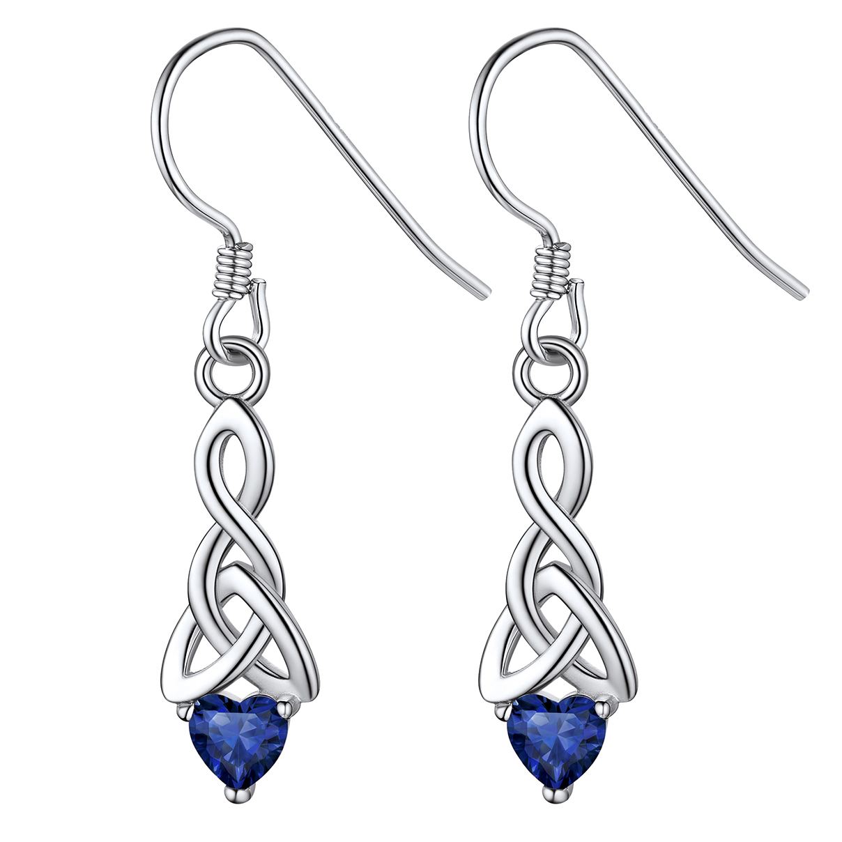 12 Months Sparkling Heart Birthstone & Celtic Knot Drop Dangle Hook Earrings, september birthstone, Sapphire Jewelry, Virgo Birthstone, Libra Birthstone, sterling silver jewelry, gift idea