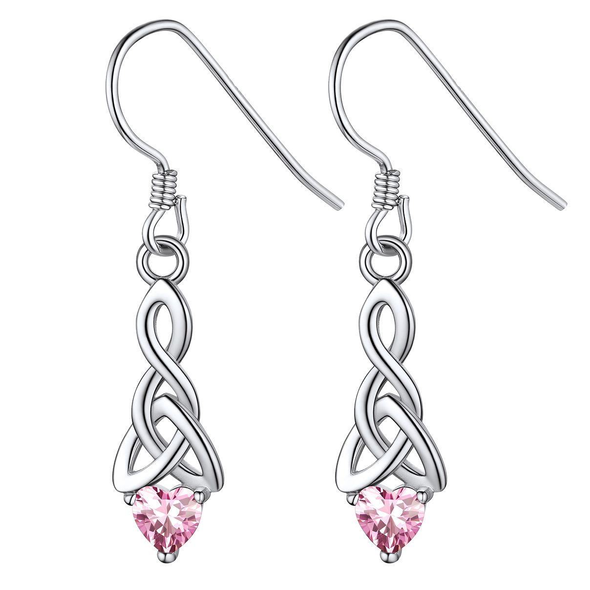 12 Months Sparkling Heart Birthstone & Celtic Knot Drop Dangle Hook Earrings, october birthstone, PinkTourmaline Necklace, Libra Birthstone, Scorpio Birthstone, sterling silver jewelry, gift idea