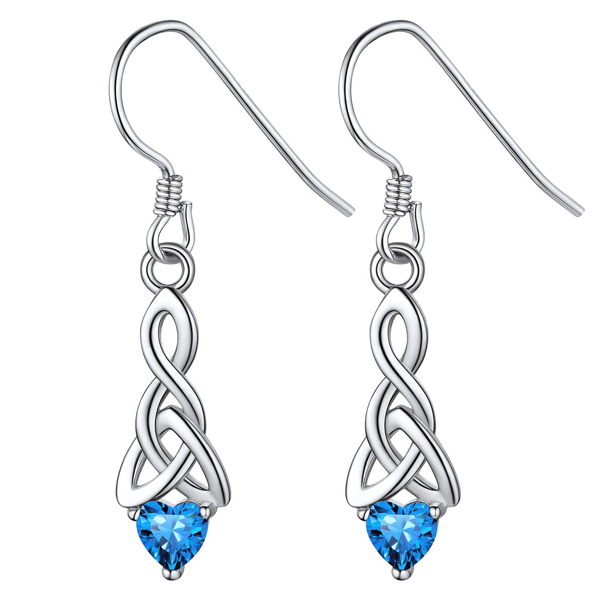 12 Months Sparkling Heart Birthstone & Celtic Knot Drop Dangle Hook Earrings, december birthstone, Blue Topaz Jewelry, Sagittarius Birthstone,  topaz birthstone, Capricorn Birthstone, christmas gift, sterling silver jewelry, gift idea