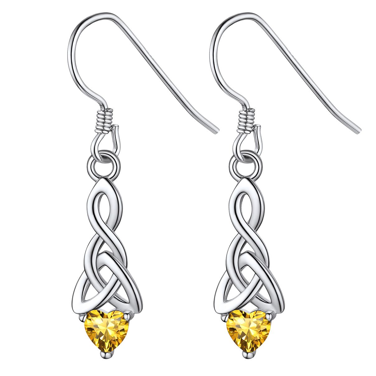 12 Months Sparkling Heart Birthstone & Celtic Knot Drop Dangle Hook Earrings, november birthstone, Citrine Jewelry, Scorpio Birthstone, Sagittarius Birthstone, sterling silver jewelry, gift idea