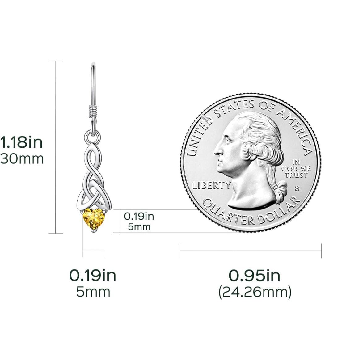 12 Months Sparkling Heart Birthstone & Celtic Knot Drop Dangle Hook Earrings, november birthstone, Citrine Jewelry, Scorpio Birthstone, Sagittarius Birthstone, sterling silver jewelry, gift idea