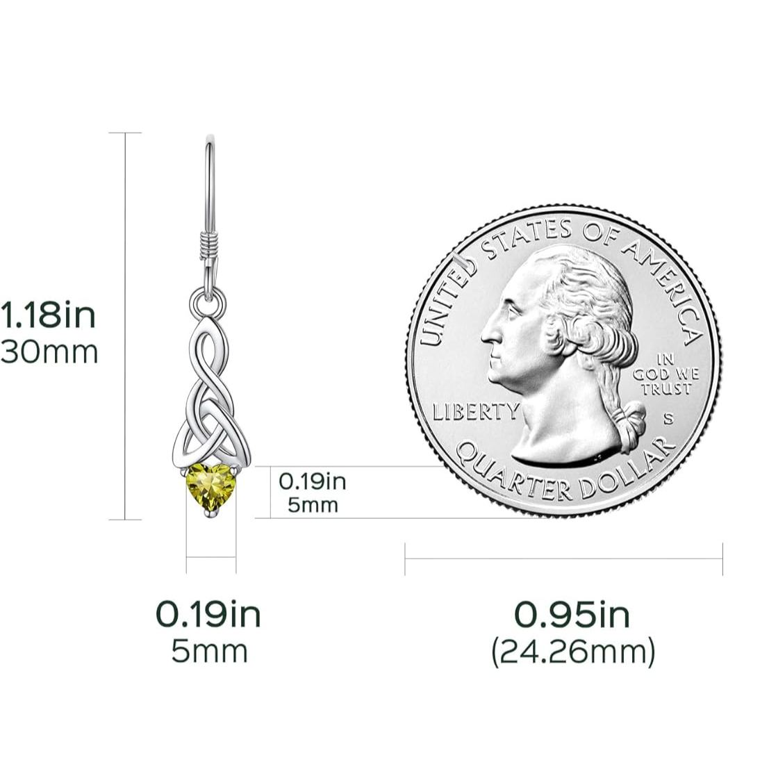 12 Months Sparkling Heart Birthstone & Celtic Knot Drop Dangle Hook Earrings, august birthstone, Peridot Necklace, Leo Birthstone, Virgo Birthstone,  sterling silver jewelry, gift idea