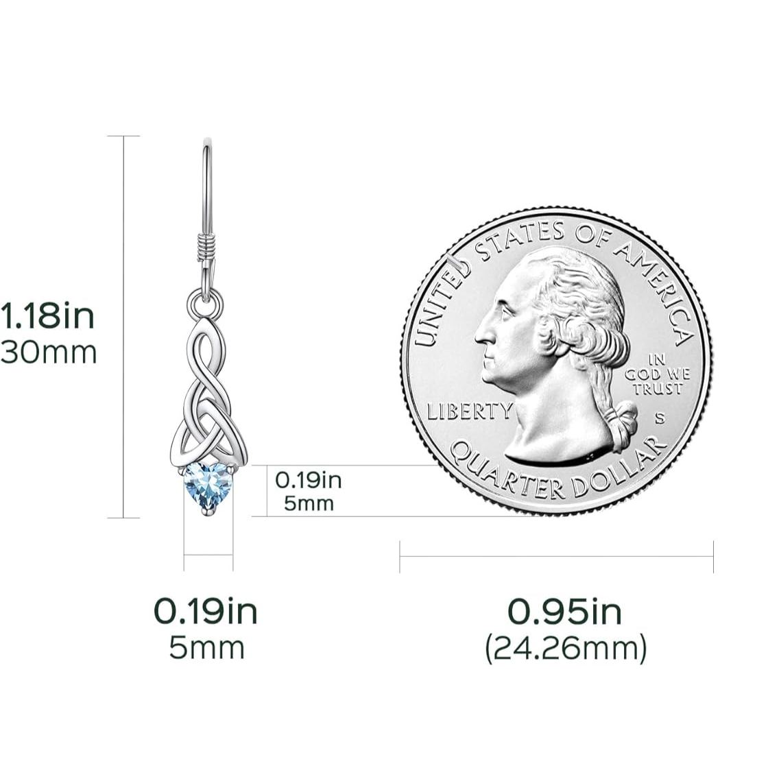 12 Months Sparkling Heart Birthstone & Celtic Knot Drop Dangle Hook Earrings, march birthstone, Aquamarine Pendant, Pisces Birthstone, Aries Birthstone, sterling silver jewelry, gift idea