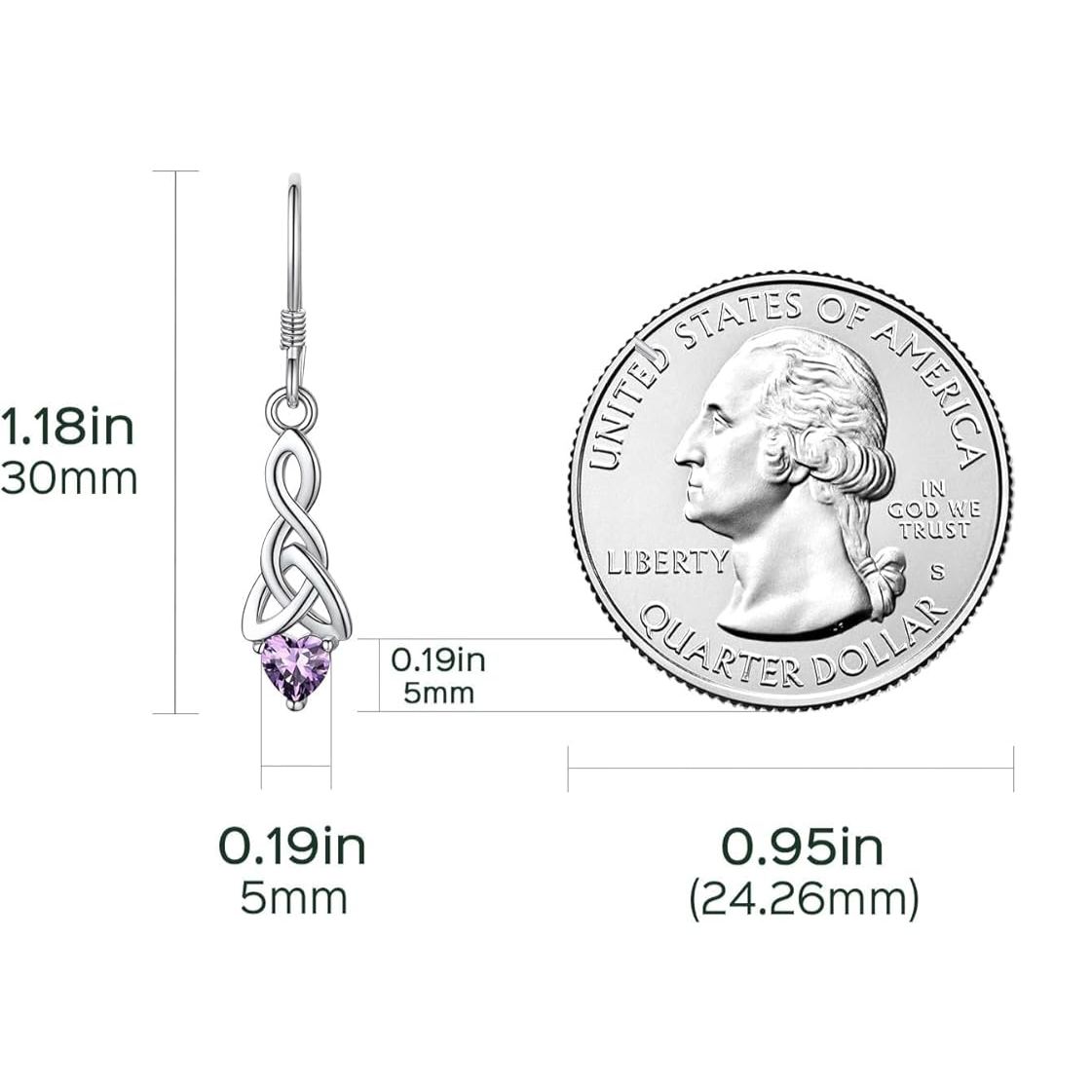 12 Months Sparkling Heart Birthstone & Celtic Knot Drop Dangle Hook Earrings, February birthstone, Amethyst Jewelry, Pisces Birthstone, Aquarius Birthstone, sterling silver jewelry, gift idea