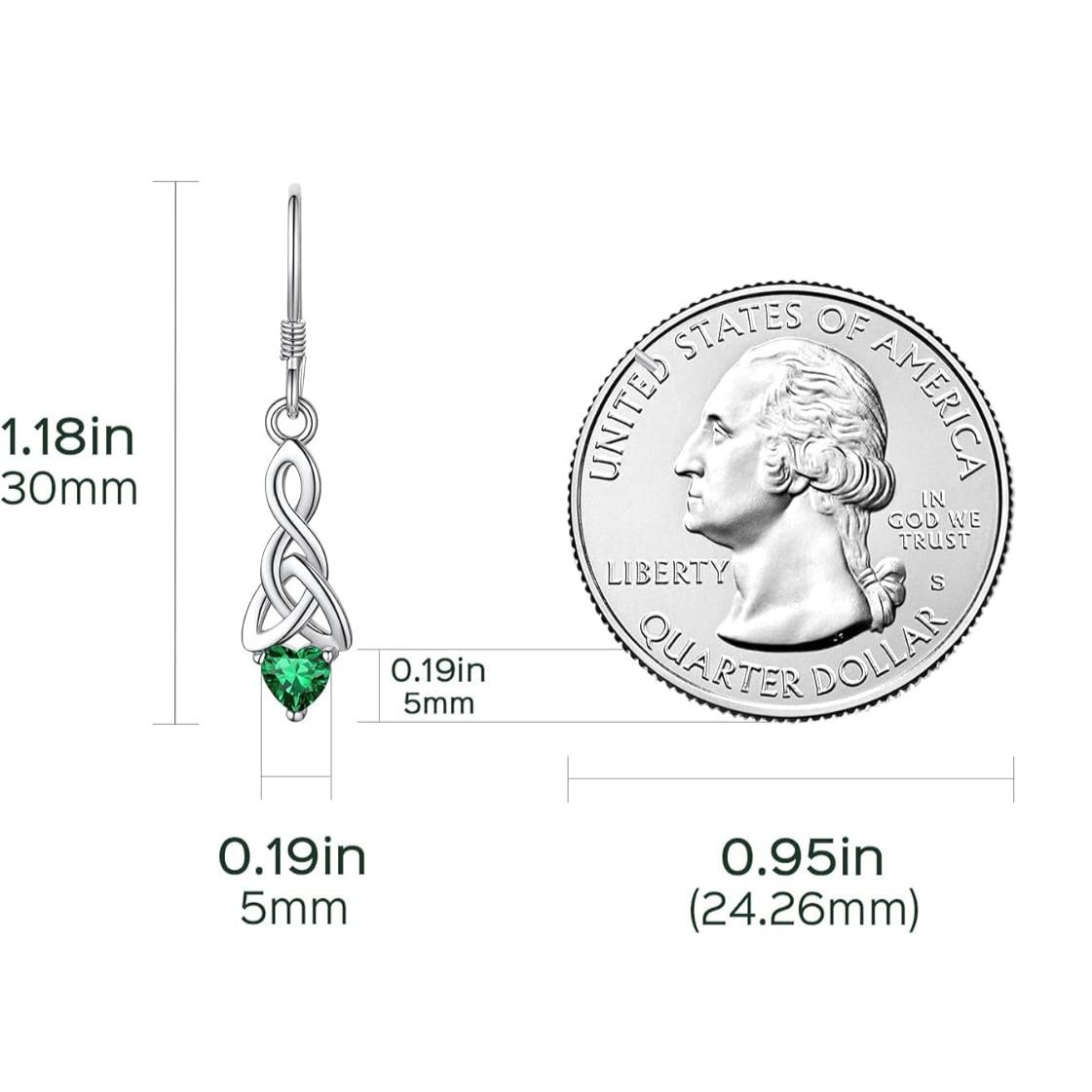 12 Months Sparkling Heart Birthstone & Celtic Knot Drop Dangle Hook Earrings, may birthstone, Emerald Necklace, Taurus Birthstone, Gemini Birthstone, sterling silver jewelry, gift idea