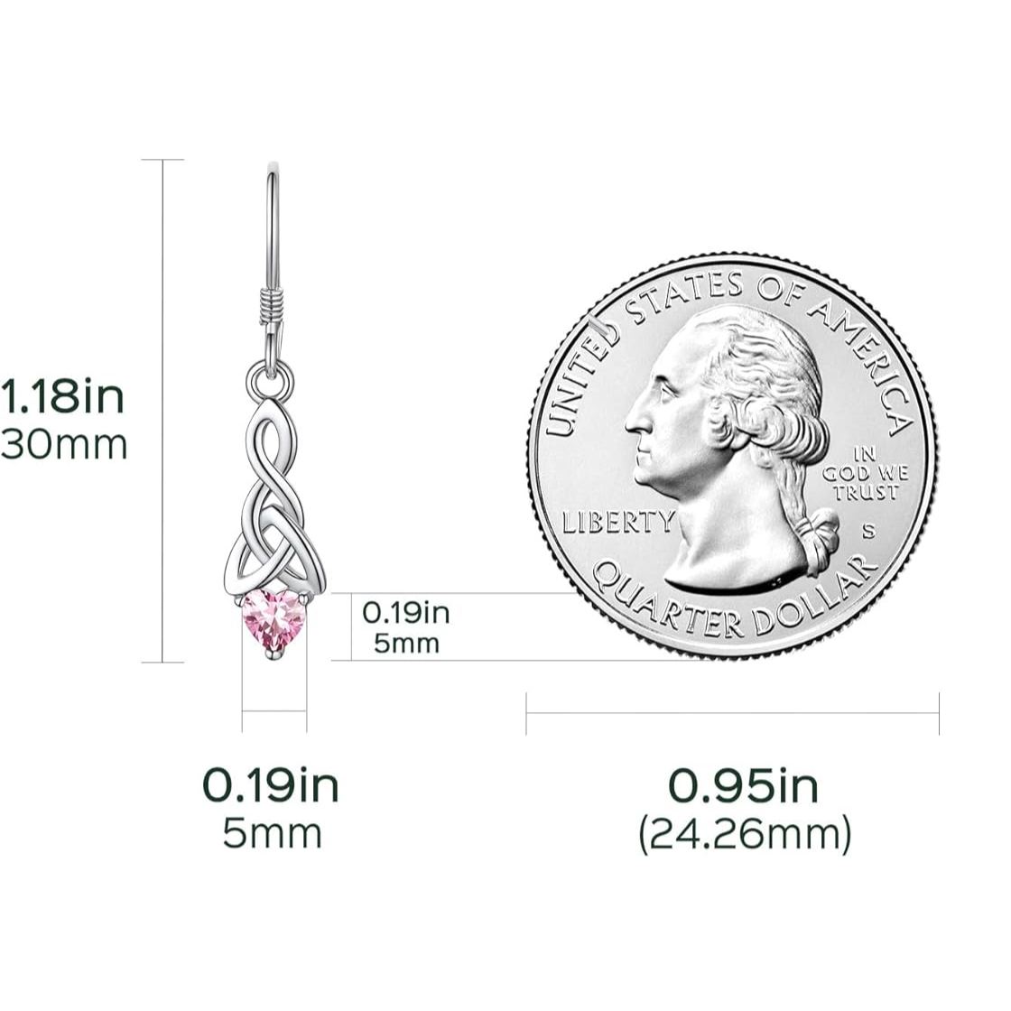 12 Months Sparkling Heart Birthstone & Celtic Knot Drop Dangle Hook Earrings, october birthstone, PinkTourmaline Necklace, Libra Birthstone, Scorpio Birthstone, sterling silver jewelry, gift idea
