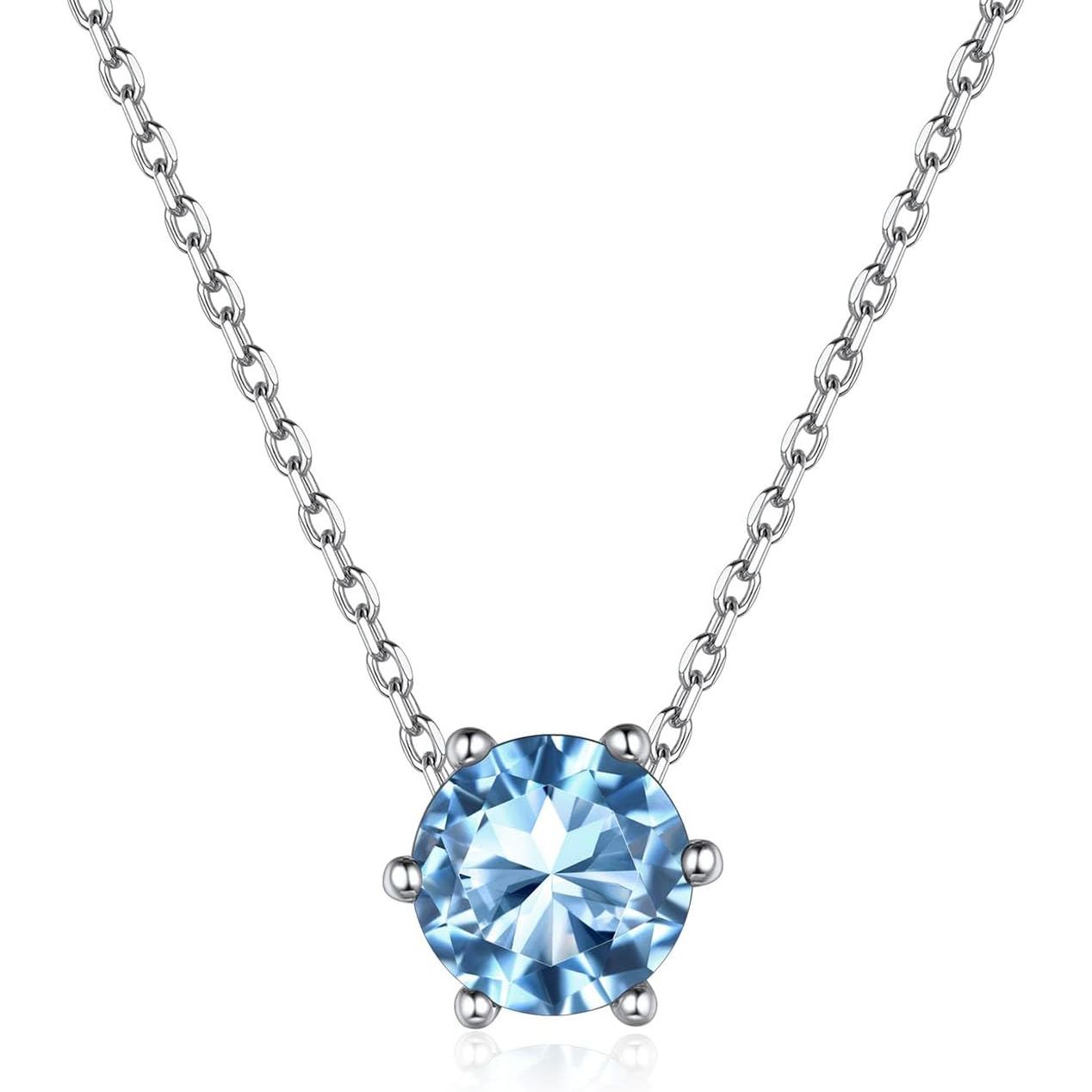 12 Months Sparkling Round Cut Created Birthstone Necklace for women, march birthstone, Aquamarine Pendant, Pisces Birthstone, Aries Birthstone, sterling silver jewelry, gift idea