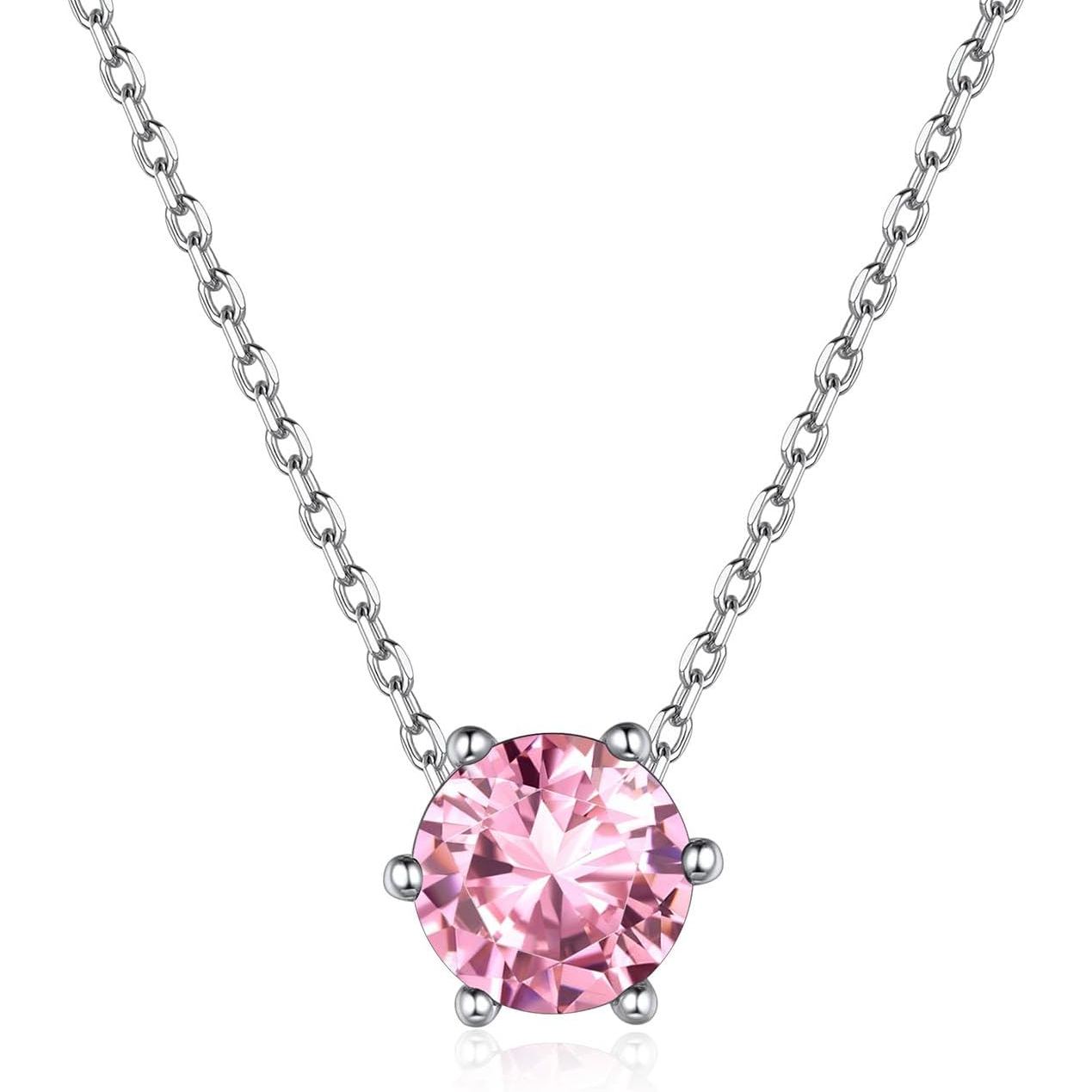 12 Months Sparkling Round Cut Created Birthstone Necklace for women, october birthstone, PinkTourmaline Necklace, Libra Birthstone, Scorpio Birthstone, sterling silver necklace chain, gift idea