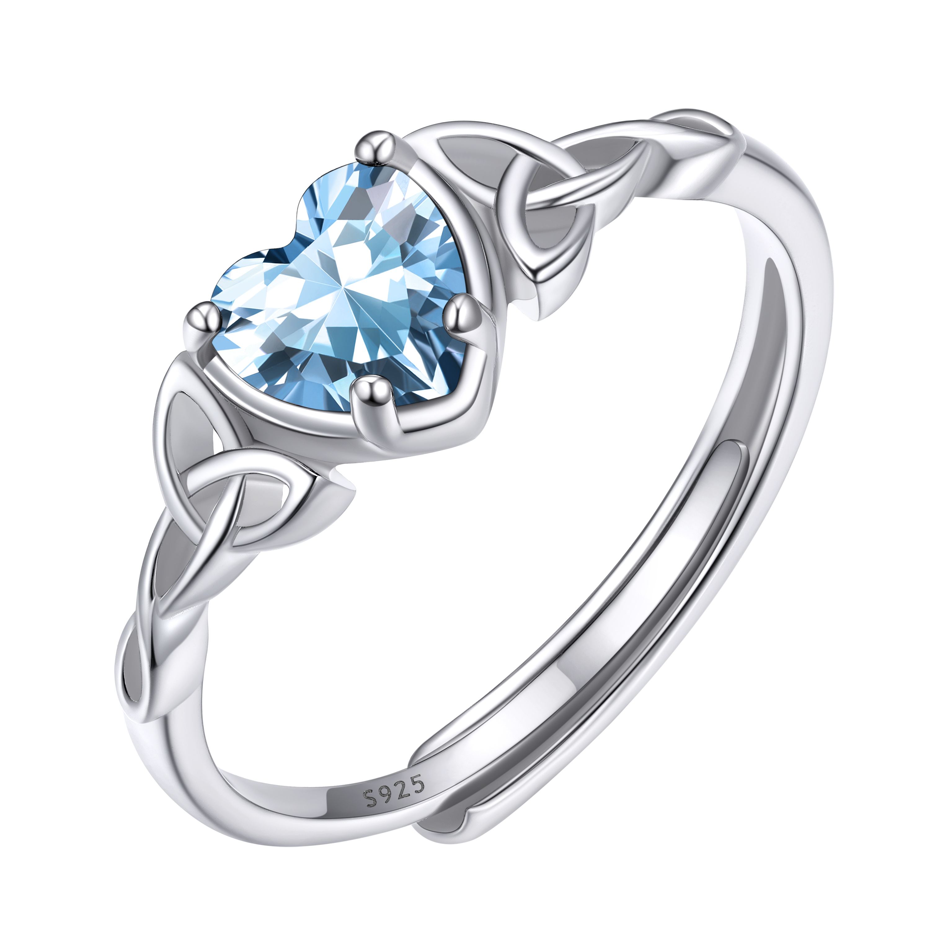 12 Months Celtic Knot & Heart Shape Birthstone Promise Rings for Women, march birthstone, Aquamarine Pendant, Pisces Birthstone, Aries Birthstone, sterling silver promise rings, gift idea