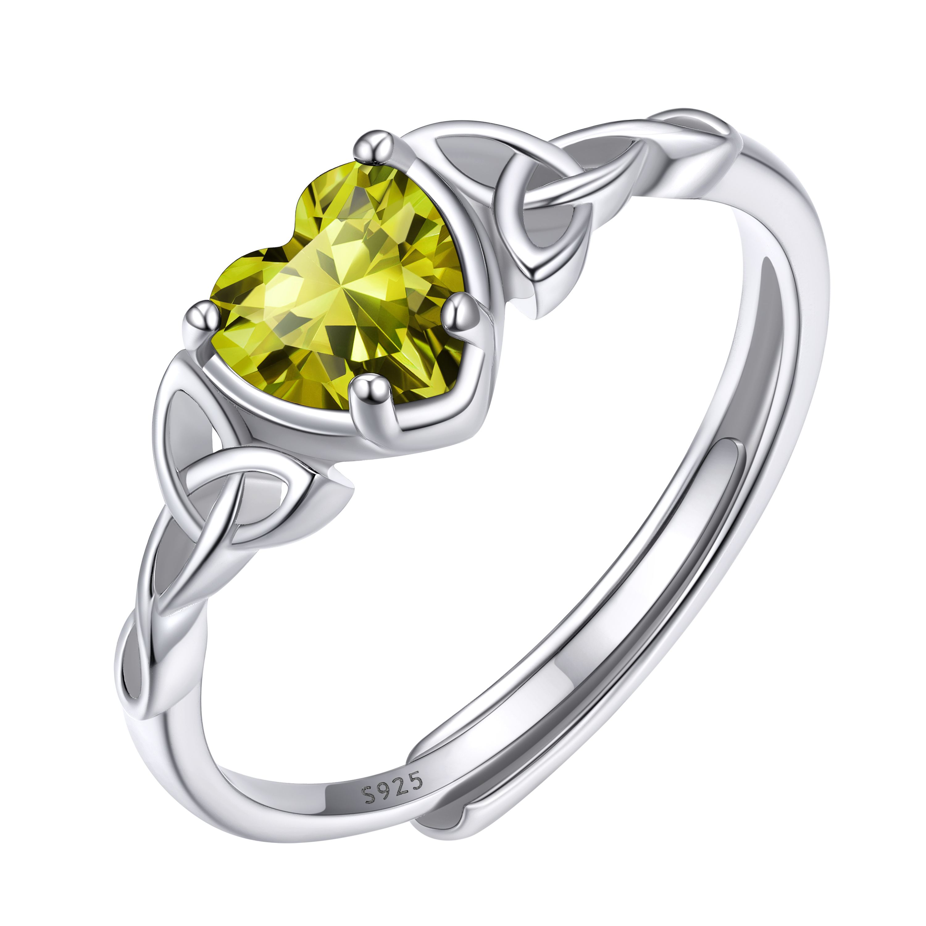 12 Months Celtic Knot & Heart Shape Birthstone Promise Rings for Women, august birthstone, Peridot Necklace, Leo Birthstone, Virgo Birthstone, sterling silver promise rings, gift idea