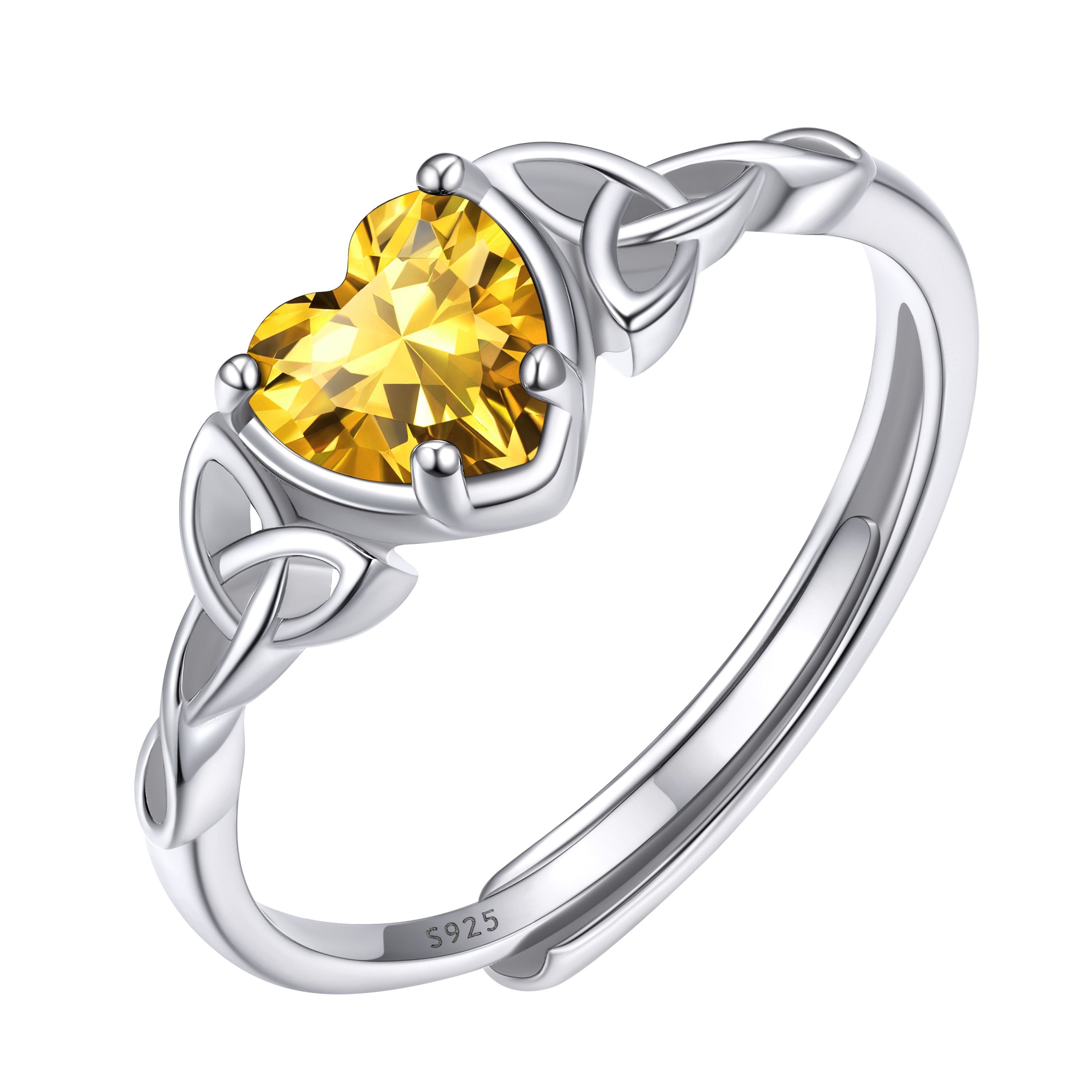 12 Months Celtic Knot & Heart Shape Birthstone Promise Rings for Women, november birthstone, Citrine Jewelry, Scorpio Birthstone, Sagittarius Birthstone, sterling silver promise rings, gift idea
